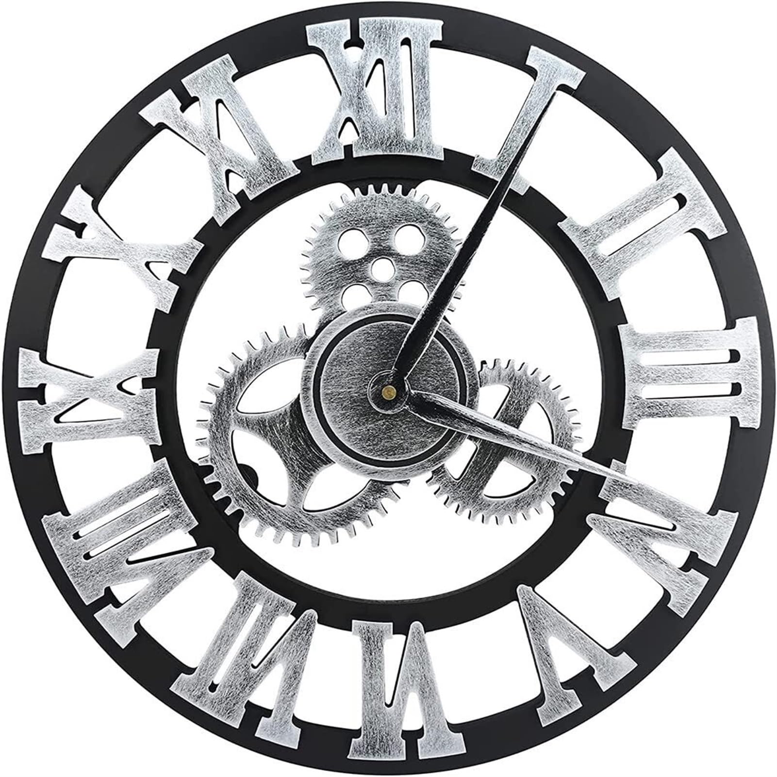 Grande horloge murale pour salon en bois avec engrenages argentés style industriel rétro