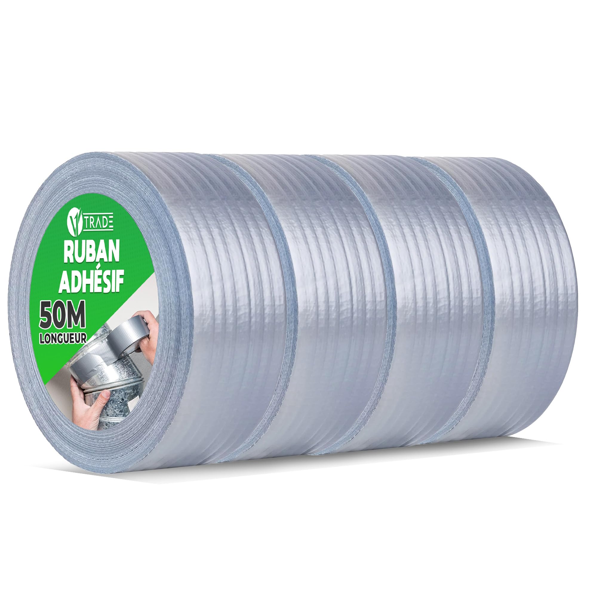 V1 TRADE Duct Tape Gris 48mm x 50m – Scotch Américain Étanche Pour Réparations – Ruban Adhésif Toilé Extra Fort – Résistant À L’Eau – 4 Rouleaux Pour Intérieur Et Extérieur