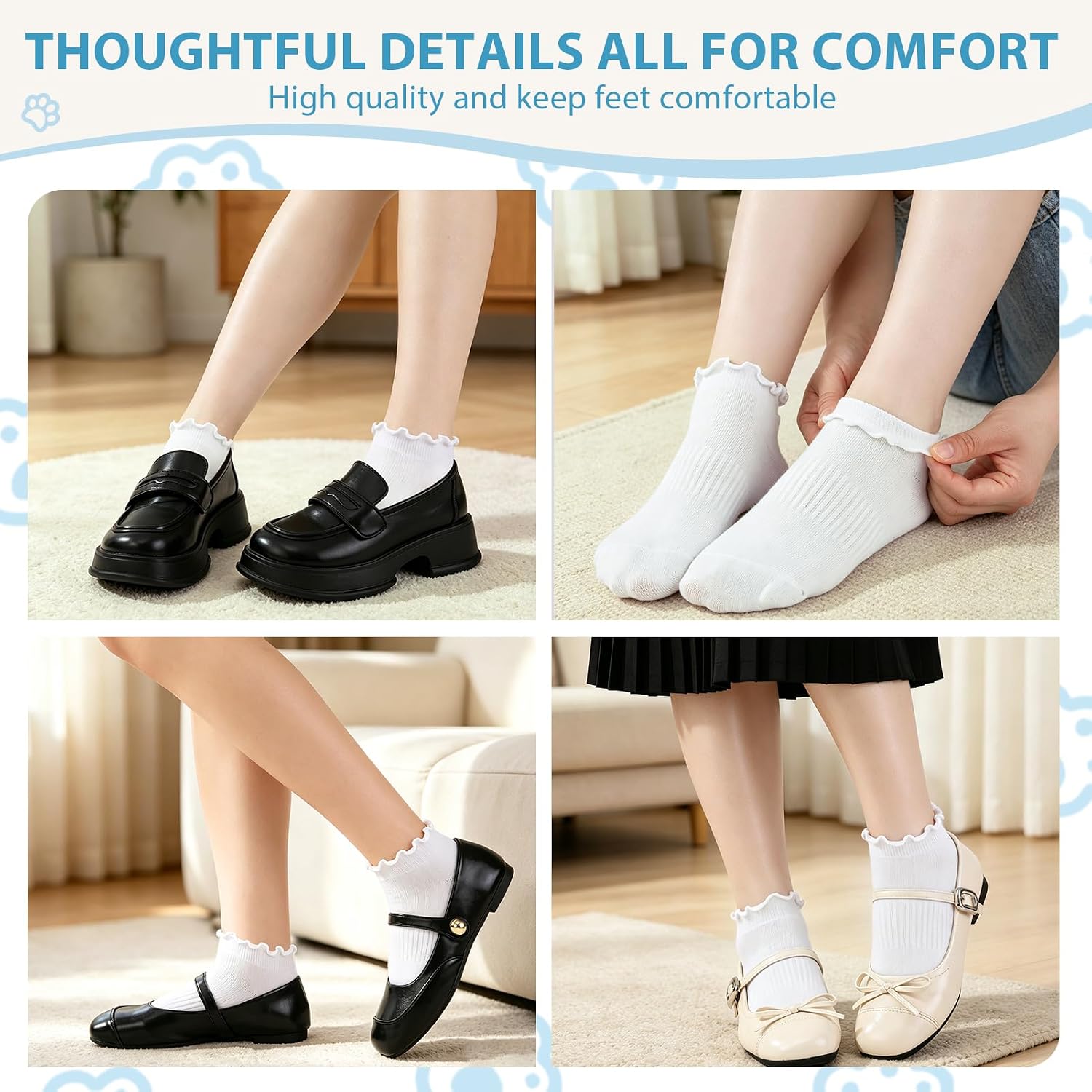 Women's No Show Socks, 8 Pairs Ruffle Ankle Socks Cute Cotton Low Cut Sock Non Slip Frilly Breathable Sock