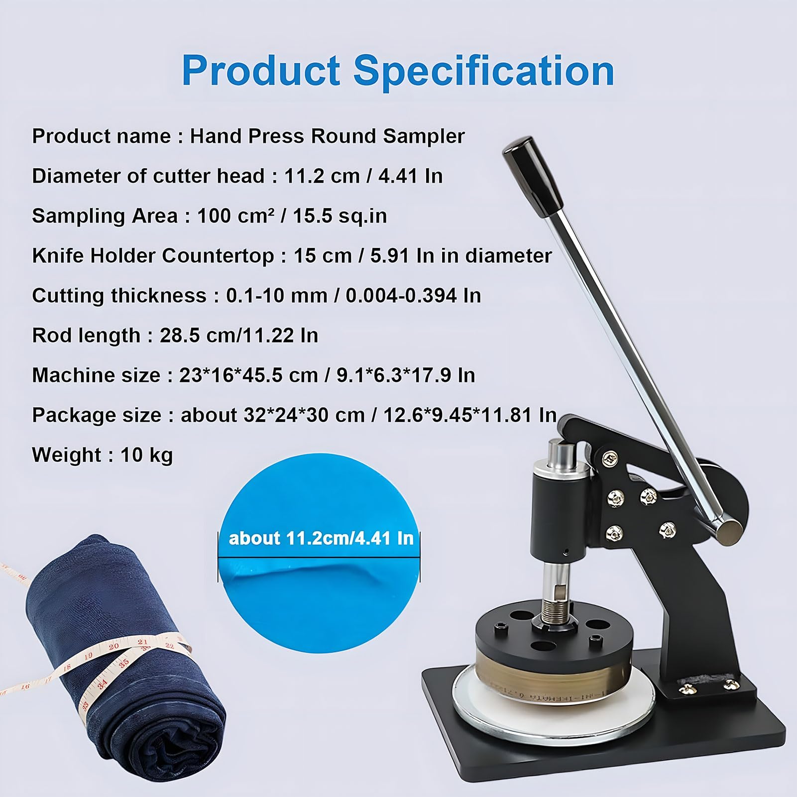 Taglierina per campioni di tessuto, coltello a pressione manuale per dischi rotondi in tessuto, spessore di taglio 0,1-10 mm, ideale per applicazioni su tessuti, moquette, pelle