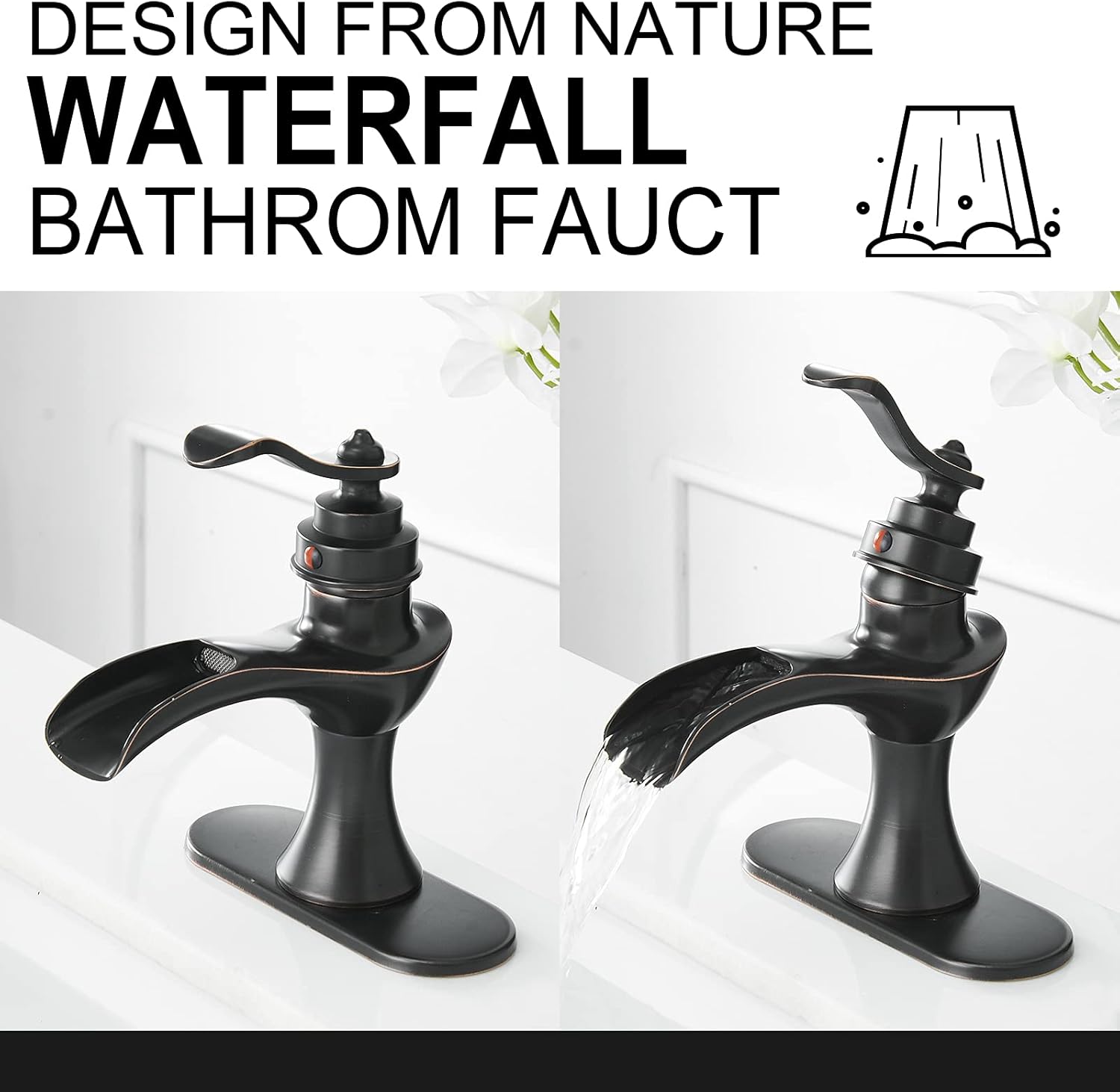 Uр Tо 40% оƒƒ BATHLAVISH Oil Rubbed Bronze Bathroom Faucet Waterfall Sink Farmhouse Single Hole 1 Handle Deck Mount Bath Vanity Lavatory Commercial Basin Mixer Tap With Pop Up Drain with Overflow Lead-Free