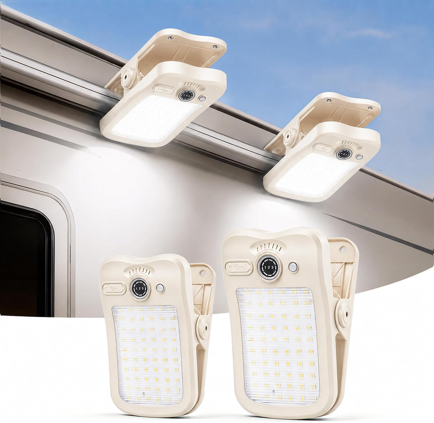 LUHLEE Clip on RV Solar Lights, RV Bumper Cap Solar Light with Digital Display,800LM RV Exterior Lights,Easy Installation RV Outdoor Lights for Awning,Camper,Trailer,Fence (2, White)
