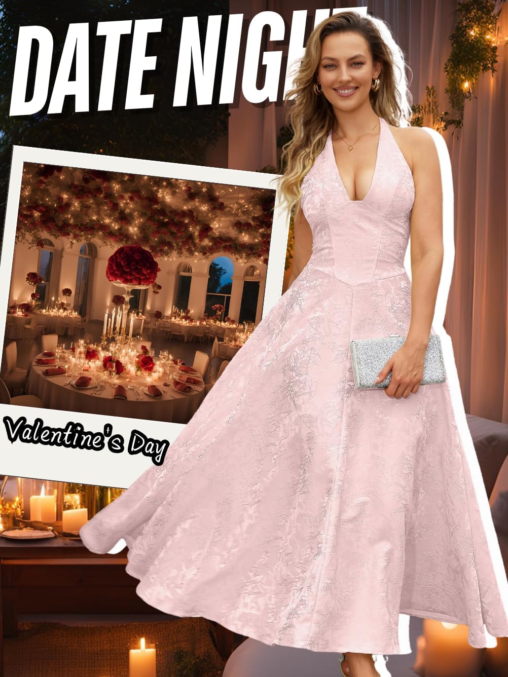 V Neck Jacquard Dress, A Line Halter Backless Drop Waist, Wedding Guest, Size Fits Only 0-8