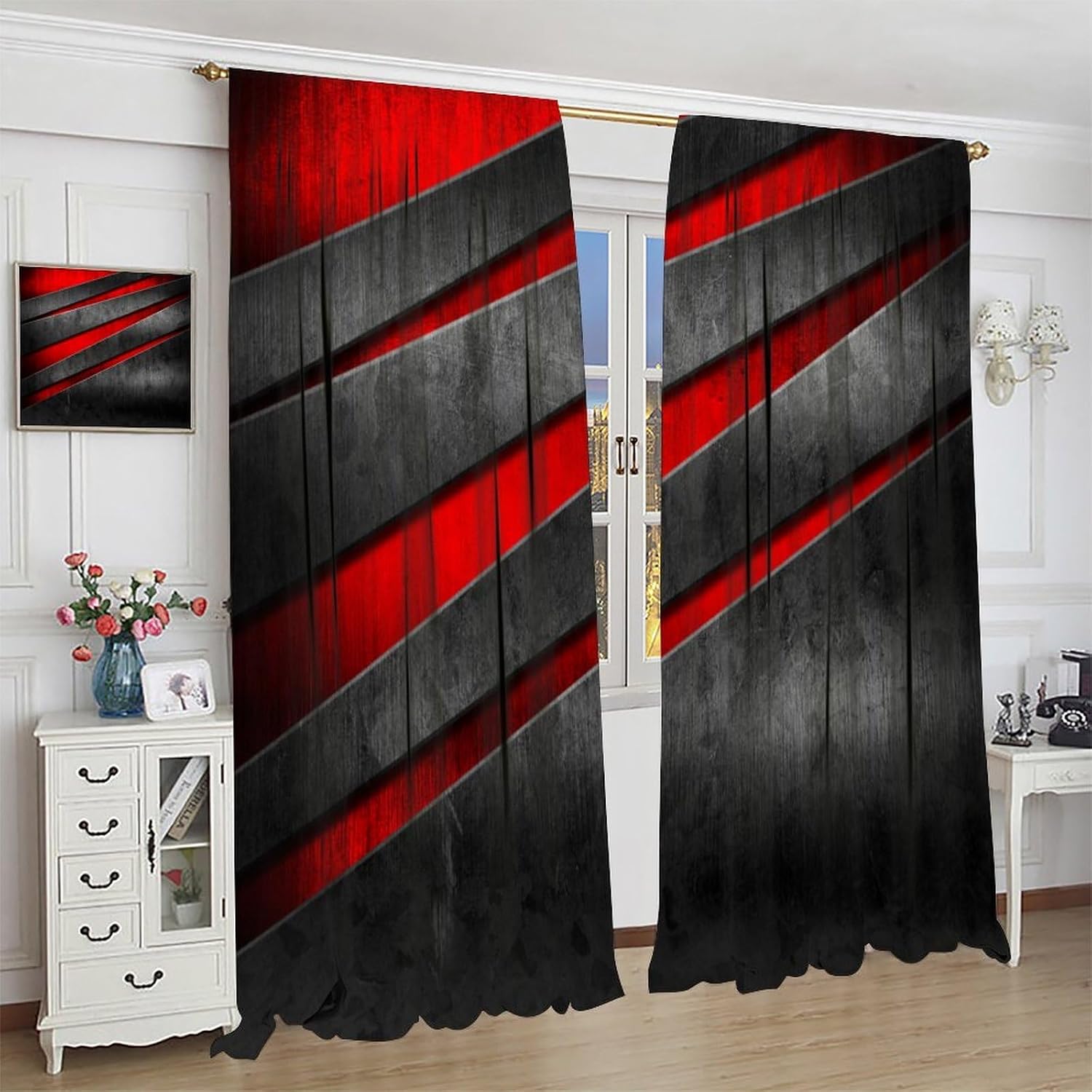 Red and Black Curtains, Metal Beam Black Board Brushed Window Treatments for Living Room Abstract Grunge Metal Pattern Blackout Rod Pocket Window Drapes for Bedroom 42x54in