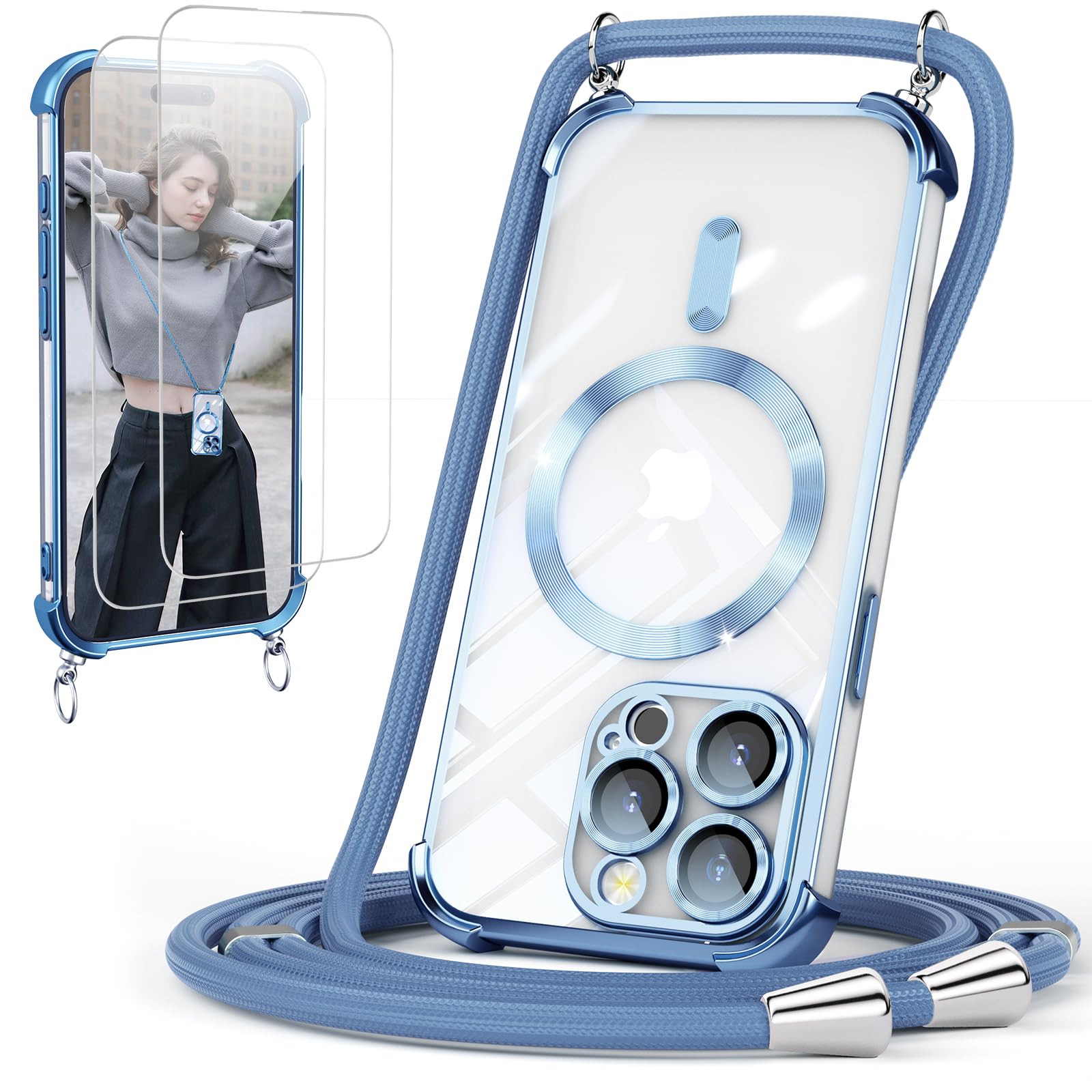 GOODVISH Handykette für iPhone 17 Pro Max Hülle mit Band, Silber | mit 2 Stück Schutzfolie, mit Kamera Schutz, Necklace Handyhülle mit kette, Transparent 360° Schutz Magnetisch Case 6,9"