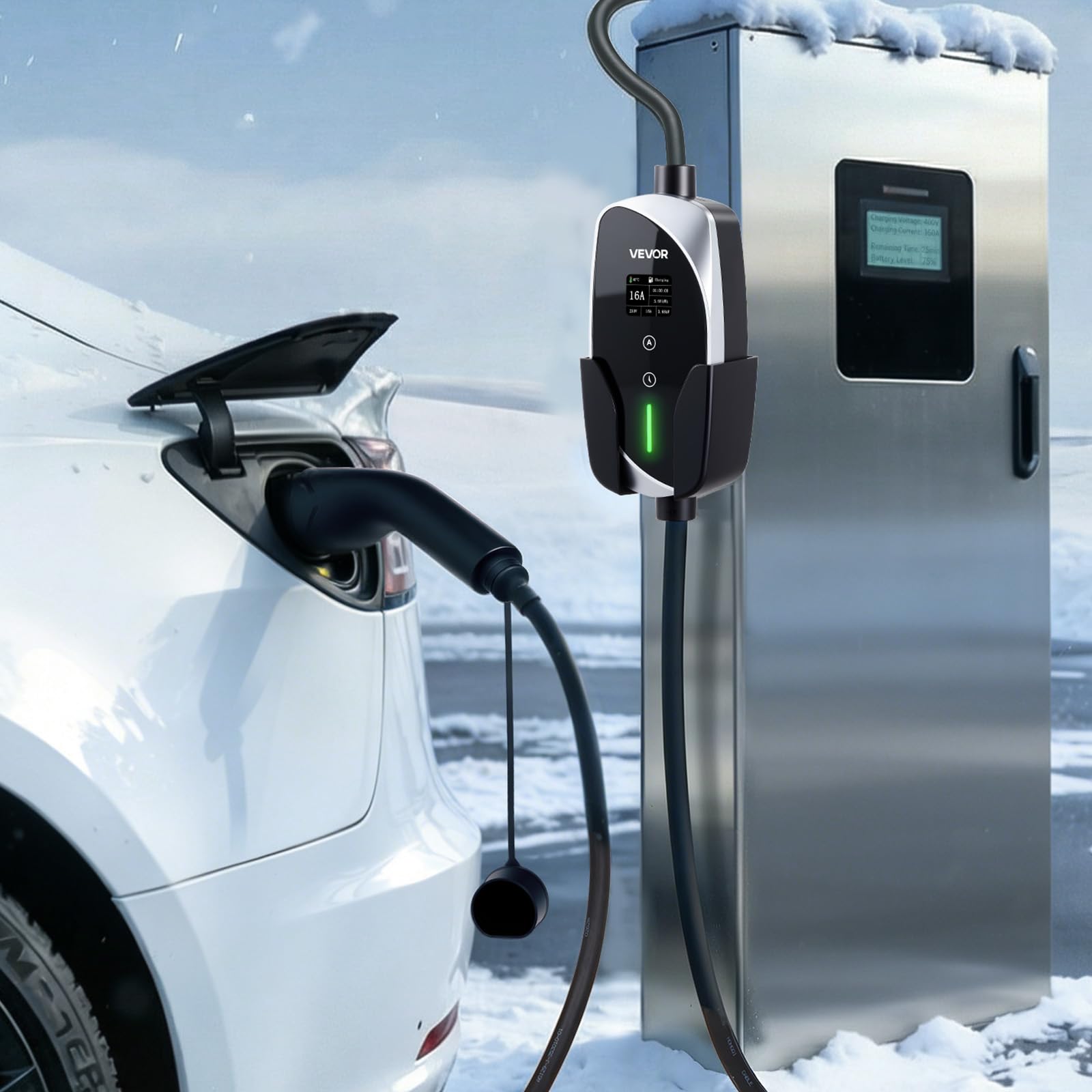 VEVOR Przenośna elektryczna ładowarka samochodowa 3,6 kW 16 A, przenośna kolumna do pojazdów elektrycznych typu 2 jednofazowa stacja ładująca z kablem ładującym 6 m wtyczka Schuko 16A ekran LCD