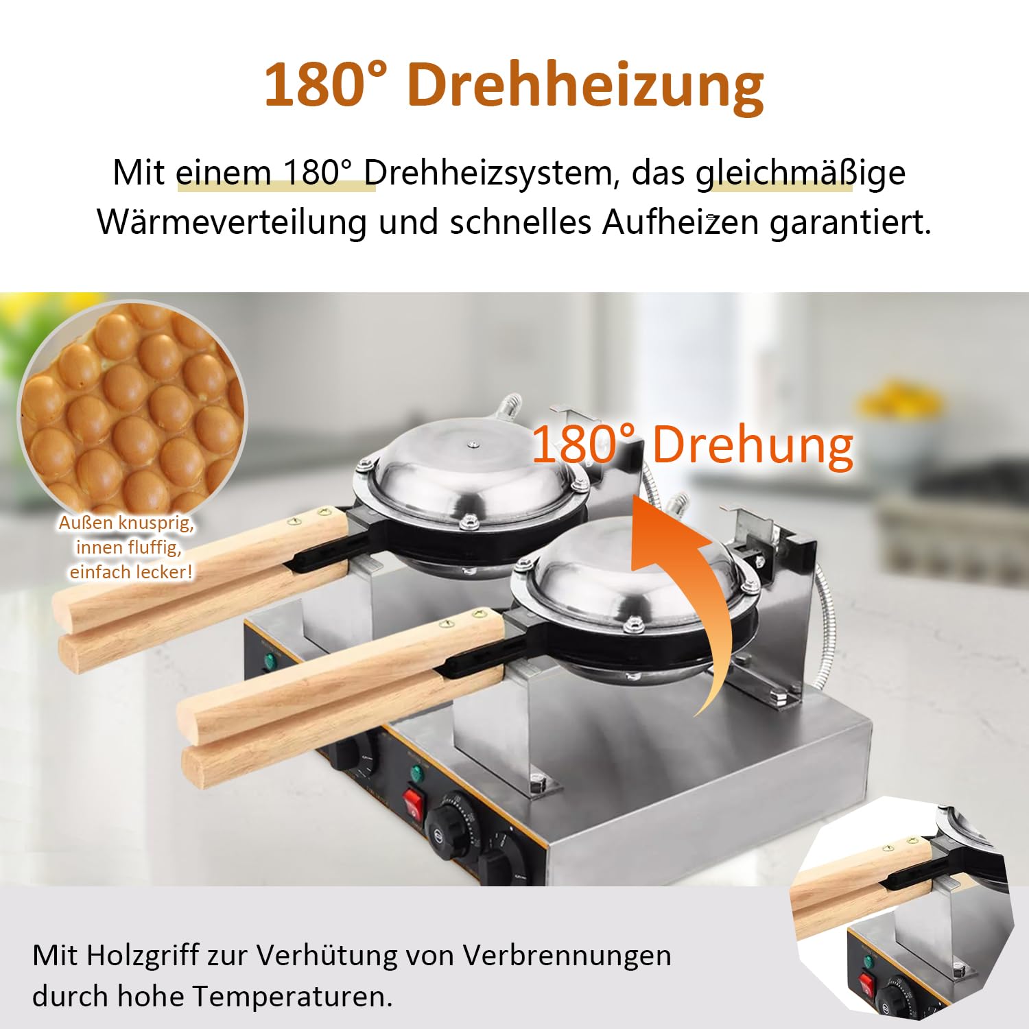 Kurflo kommerzielles Bubble Waffeleisen mit Doppelkopf, 180° drehbar, 1400W, Waffelplatten, Waffel Maker, mit Antihaftbeschichtung & Timer, für Cafe/Dessert-Shop/Restaurant, 50-250 °C