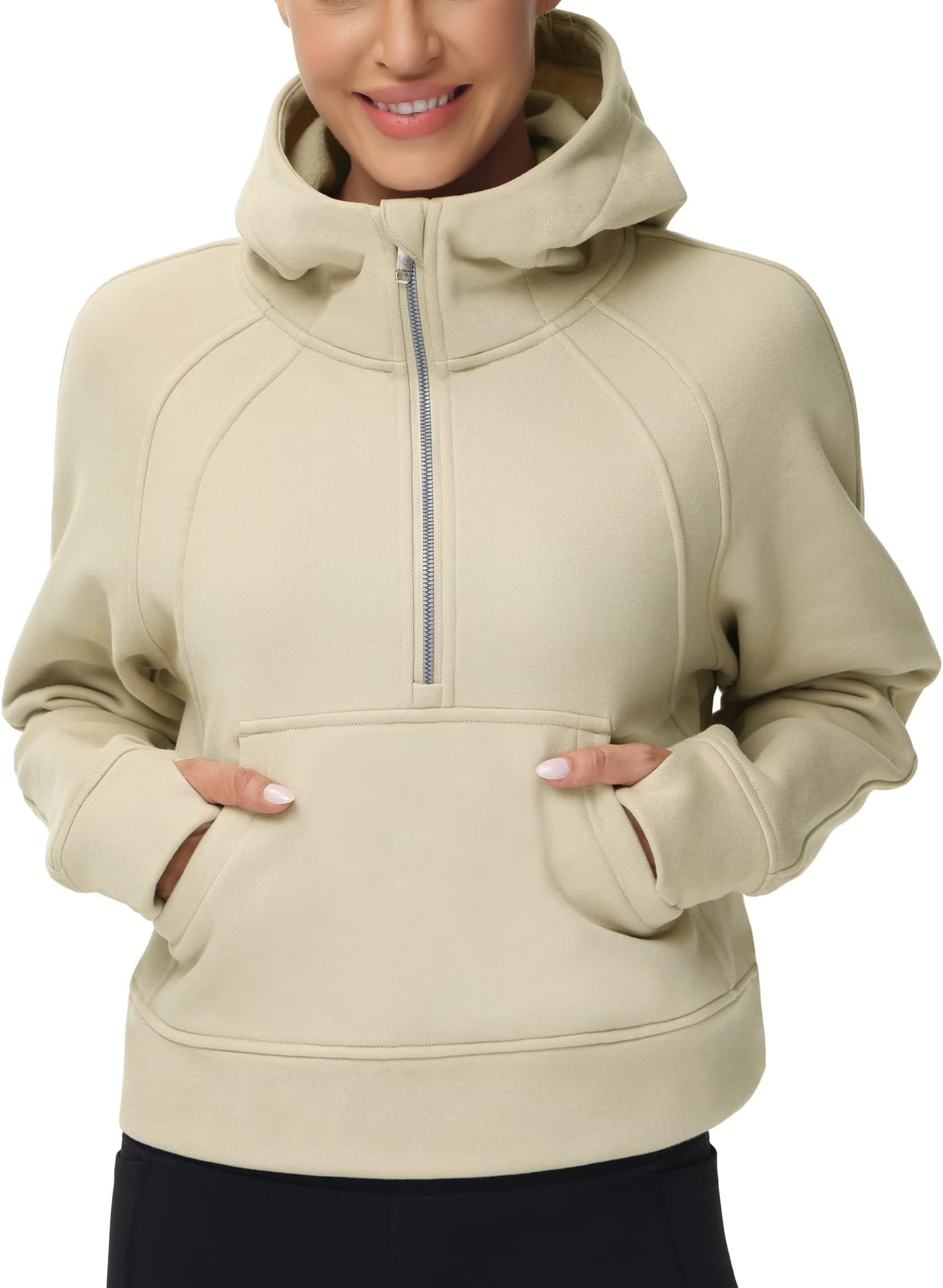 THE GYM PEOPLE Womens' Hoodies Half Zip Long Sleeve Fleece Crop Pullover Sweatshirts with Pockets Thumb Hole