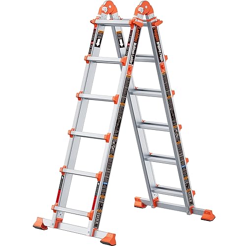 LANBITOU Ladder, A Frame 6 Step Ladder Extension, 22 Ft Anti-Slip Multi Position Ladder, Storage Folding Ladder, 330 lbs Security Load Telescoping Aluminum Ladders for Stairs Home Indoor Outdoor Roof
