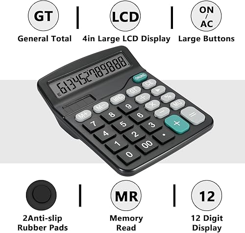 Miniatura 4 de Bonita calculadora de escritorio negra con botones grandes, fuente de alimentación doble, energía solar y batería, pantalla LCD grande, paquete de 2