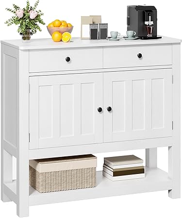 Gizoon 33.5" Farmhouse Buffet Sideboard Coffee Bar Cabinet, Entryway Cabinet with 2 Drawers and Cabinets,Console Hallway Table with Open Storage Shelf, for Kitchen, Dining Room, Living Room,White