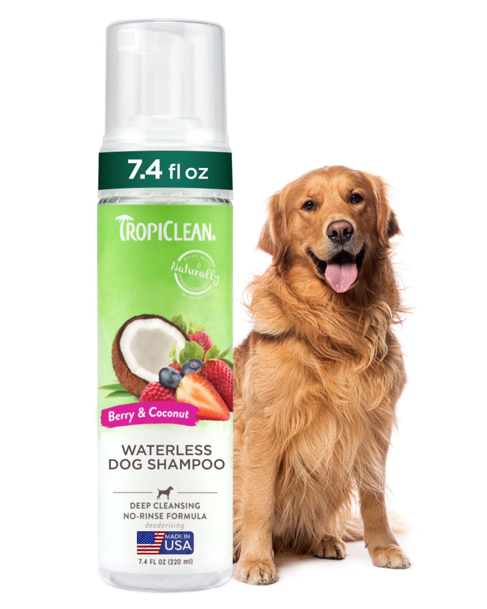 TropiClean No Rinse Waterless Dog Shampoo | Detangling and Deodorizing Dry Shampoo for Smelly Pets | Moisturizes Dry Skin | USA Made | Berry Scent | 7.4oz