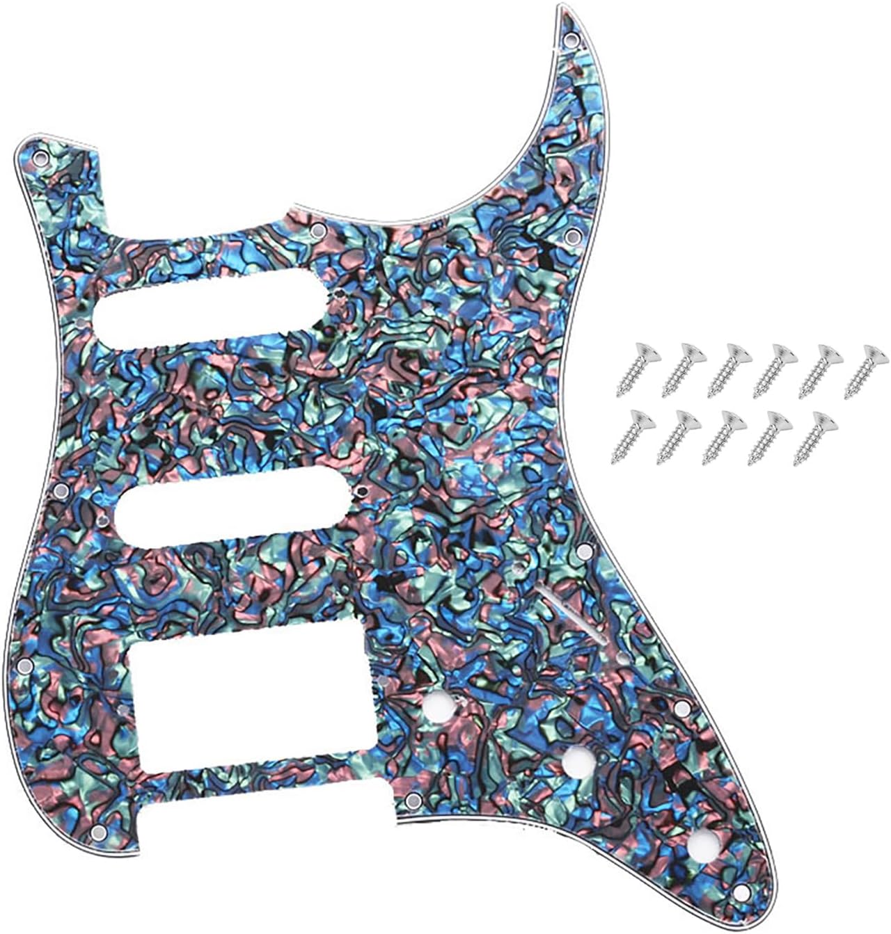 Pro 11-Hole Round Corner HSS Guitar Strat Metal Aluminum Pickguard for USA/Mexican Stratocaster 4-screw Humbucking Mounting Open Pickup, Silver-1ply (Anodized Aluminum).