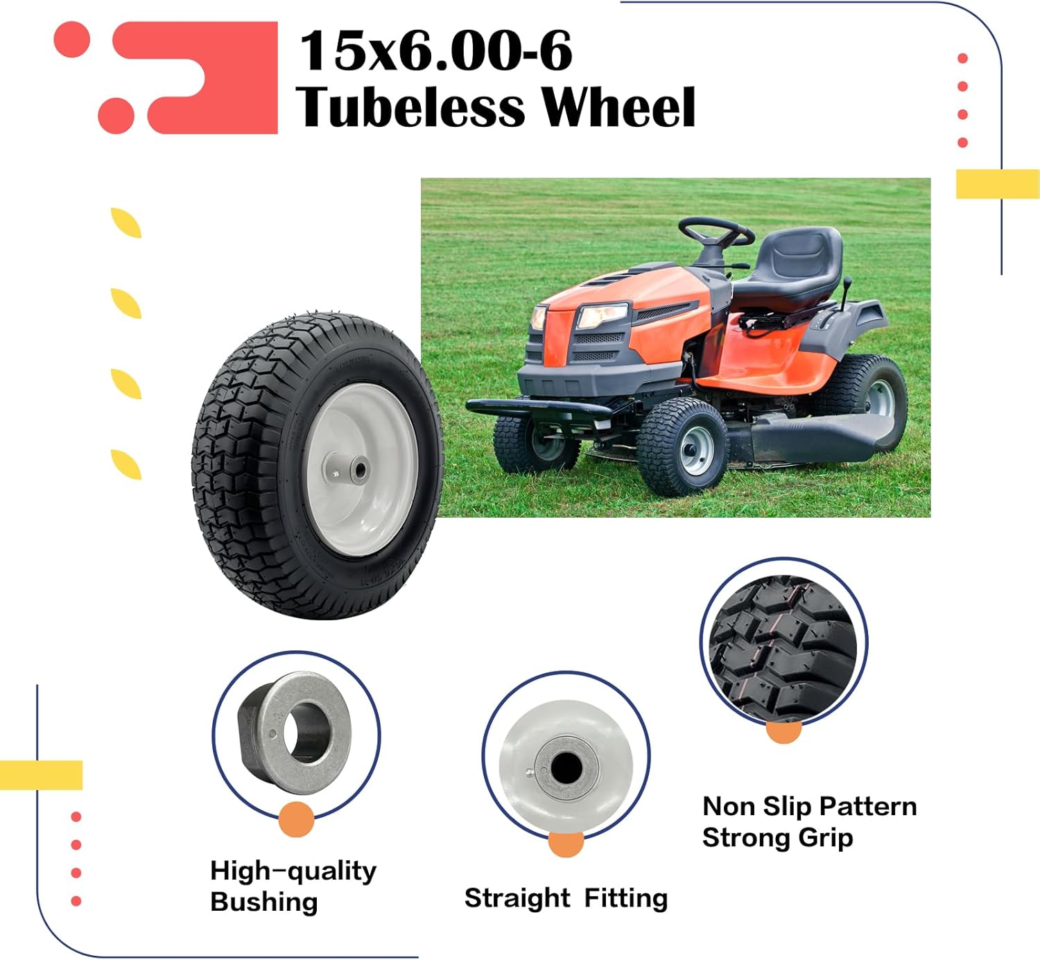 2-Pack 16 x 6.50-8 Riding Lawn Mower Tire with Rim, 3/4" or 5/8'' Bushing, 16 Inch Tire Assembly for Garden Tractor.3"-6''Offset Hub. (16 x 6.5-8 Tube Type,3" Offset Hub,Fit Most John Deere)