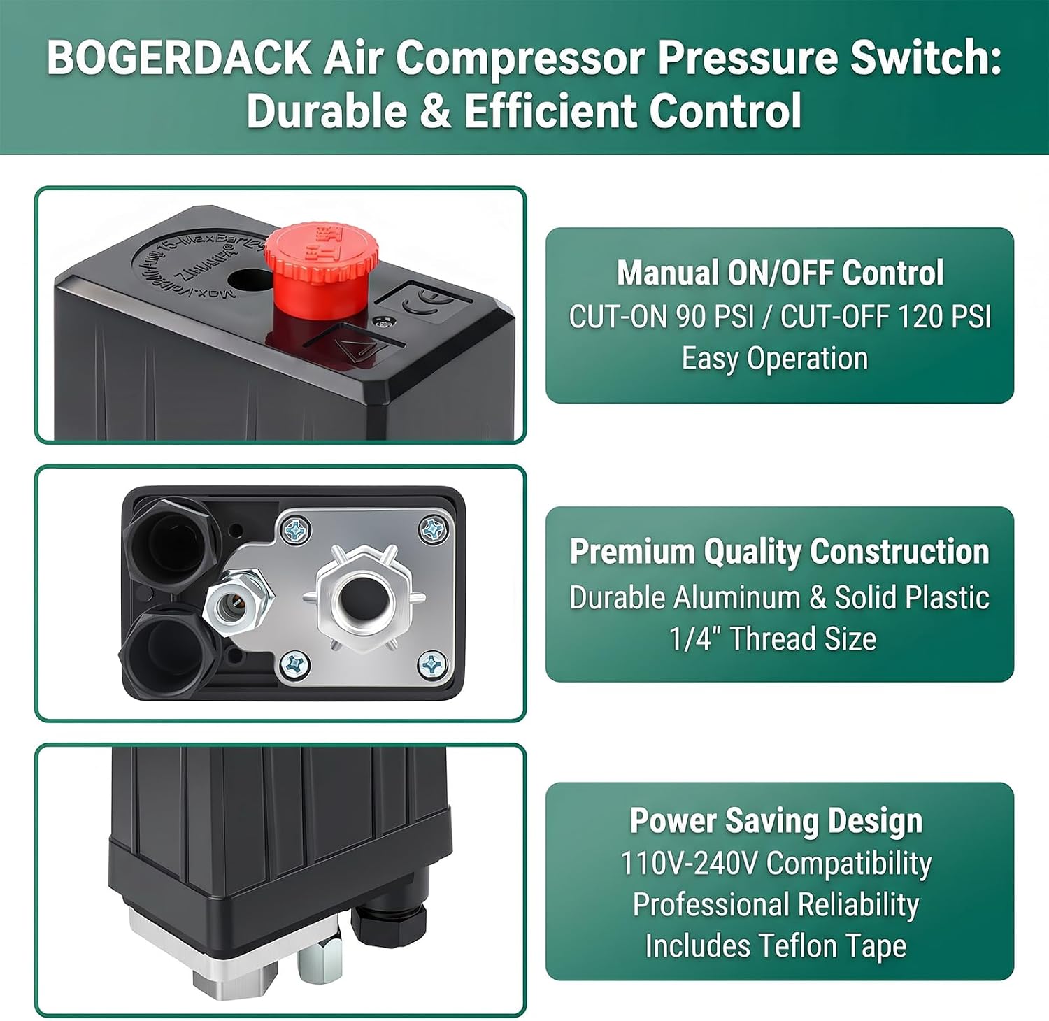 1-way Air Compressor Pressure Switch Control Valve, 90-120 PSI 110V-240V, Replacement Parts, for Regulates and controls air compressor pressure