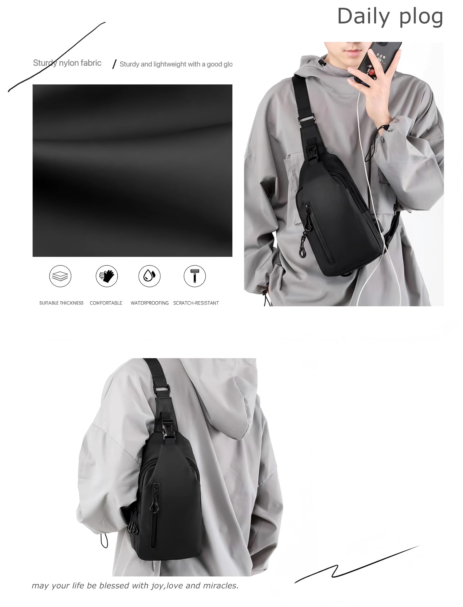 Umhängetasche Herren Klein, Leichte & Wasserdichte Sling Bag für Männer, Brustbeutel/Crossbody Bag für Travel, Festival, Alltag, Wandern & Radfahren (Schwarz)
