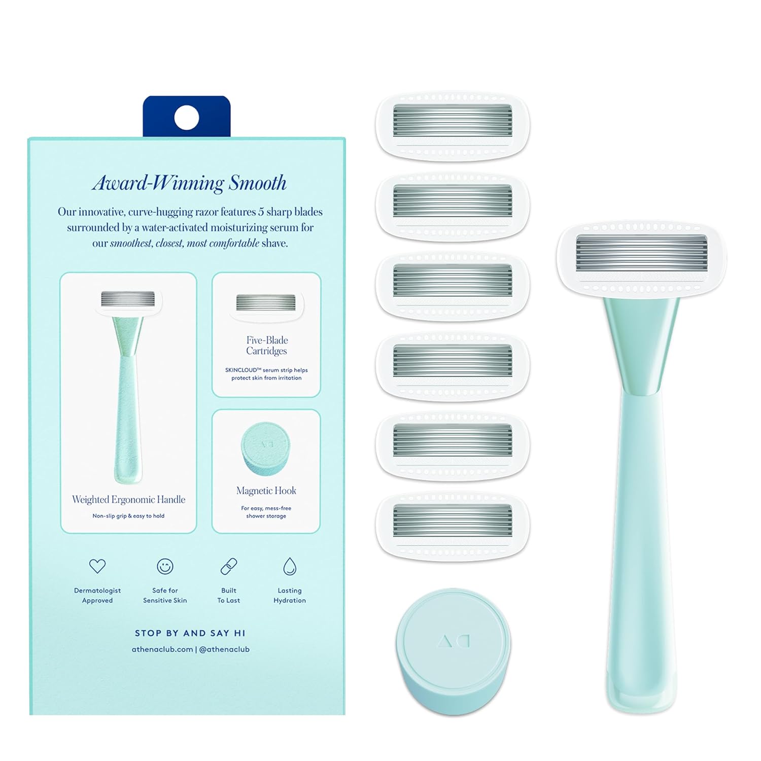 Athena Club Women’s Razor Kit, 5-Blade Cartridge Razor for Sensitive Skin, Serum-Infused Blades with Shea Butter and Hyaluronic Acid, Includes Handle, 6 Refills and Magnetic Shower Hook - Mint - Image 7