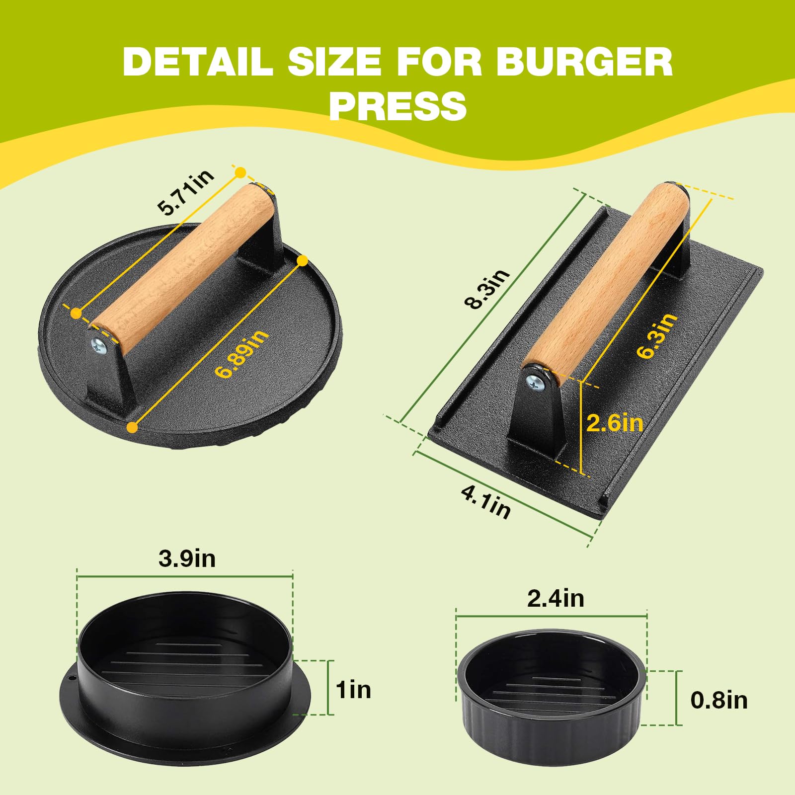 Fervidus Zestaw prasy do burgerów Smash 17,3 cm, okrągła i 21 cm x 10 cm, prostokątna, żeliwna prasa do grilla, 3 w 1, nadziewana forma do burgerów, nieprzywierająca prasa do burgerów, zestaw do