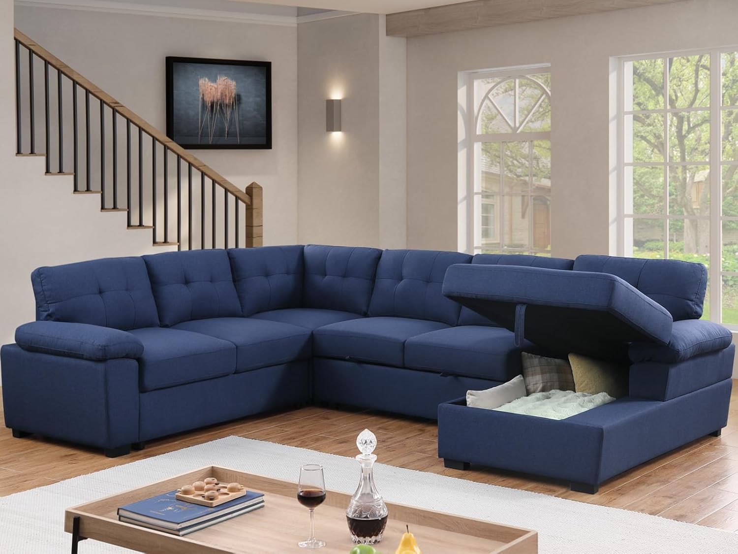 asunflower Sleeper Sofa U Shaped Pull Out Couch with Storage Chaise 118" Oversized Sofa Bed Couch for Living Room Navy Blue 6 Seater Modular Sleeper Sectional