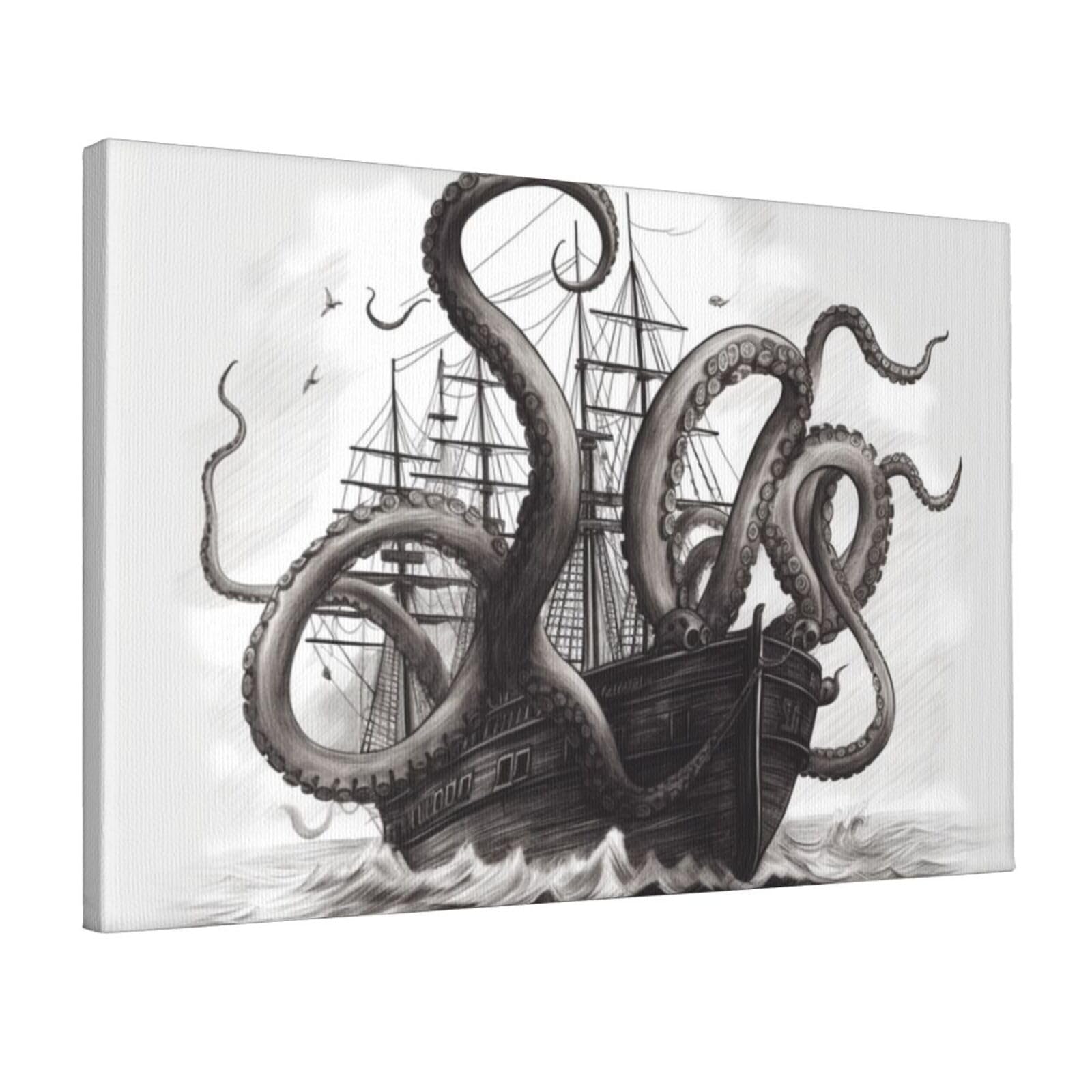 KLOPH Black and White Octopus and Ship Canvas Wall Art for Living Room 12"x18" Modern Artwork Painting for Bathroom Hanging Canvas Prints Aesthetic Wallart for Bedroom Kitchen Office Wall Decor