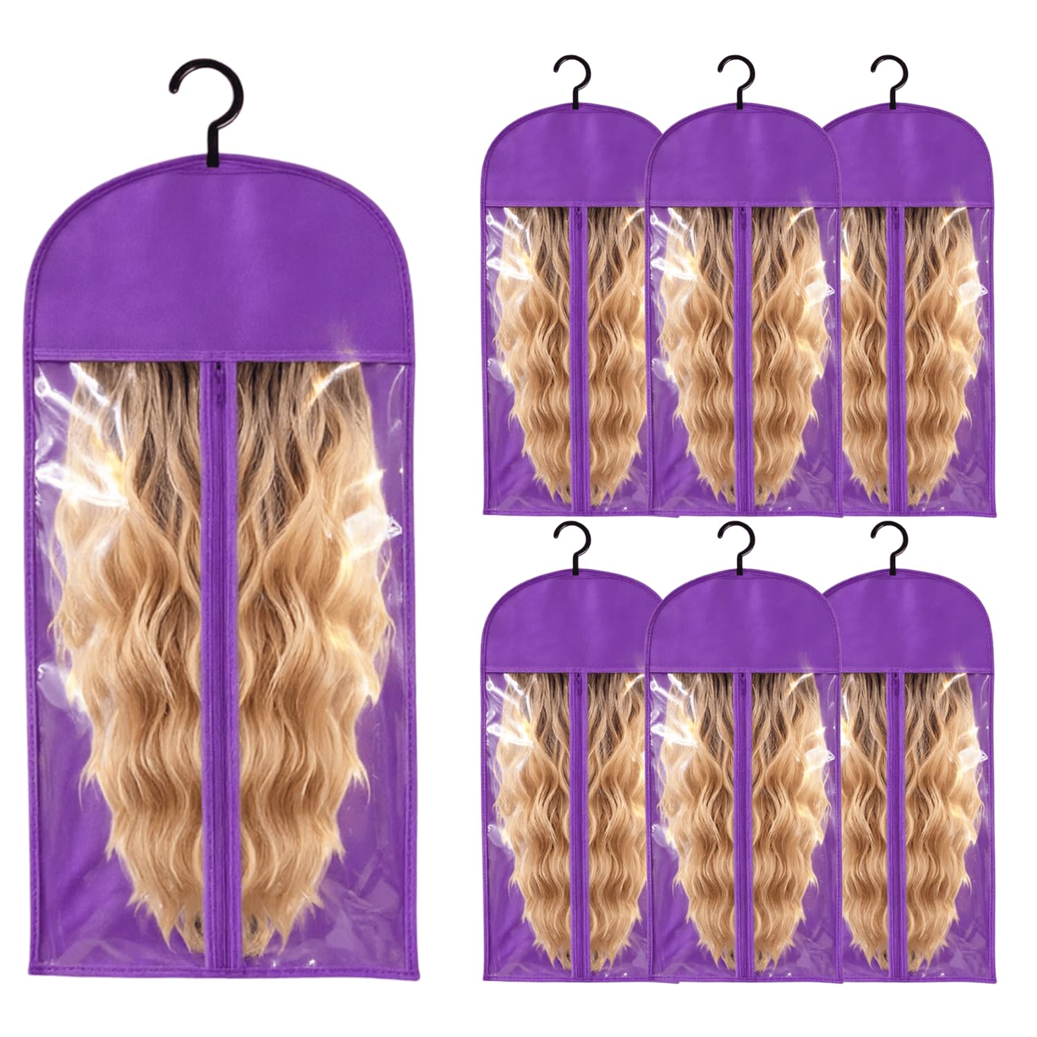 6 x Perücken-Aufbewahrungstaschen mit Aufhänger, Haarverlängerungshalter für mehrere Perücken, staubdicht, ideal für Haarverlängerungen und Zubehör (lila)