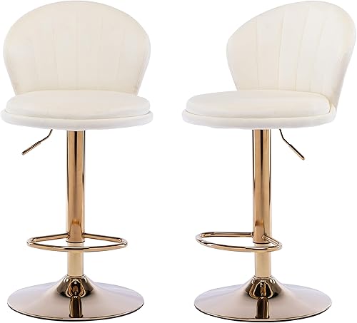 Juego de 2 taburetes de bar, taburete de bar de terciopelo, taburete de bar giratorio de 360 ajustable con base de metal, respaldo alto y reposapiés