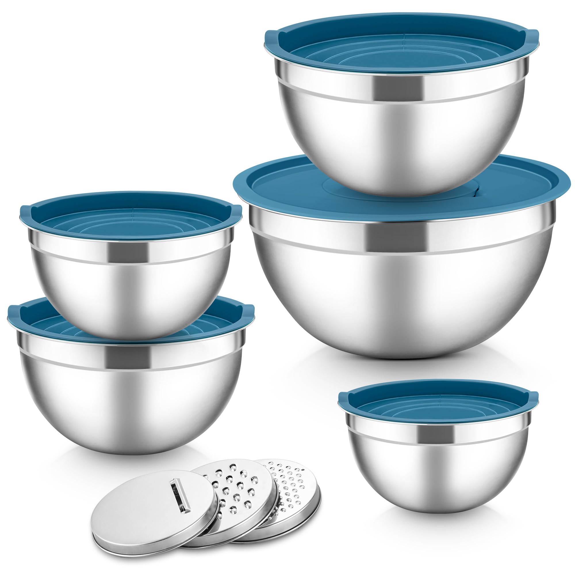 Herogo Set di 5 ciotole per mescolare, in acciaio inox, con coperchio ermetico, in metallo, con 3 grattugie, per preparare, cuocere, servire, mescolare, lavabile in lavastoviglie