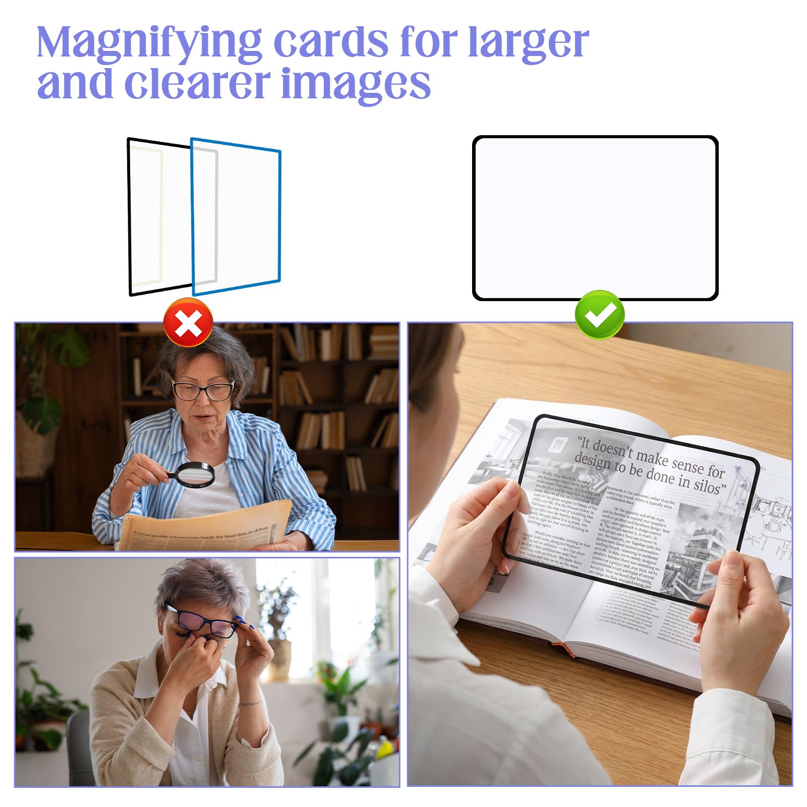 6 lupas de página completa, 3 lupas de página completa, lente Fresnel de plástico para personas mayores y personas con baja visión, lectura de impresiones pequeñas, mapas y libros, lupas rectangulares
