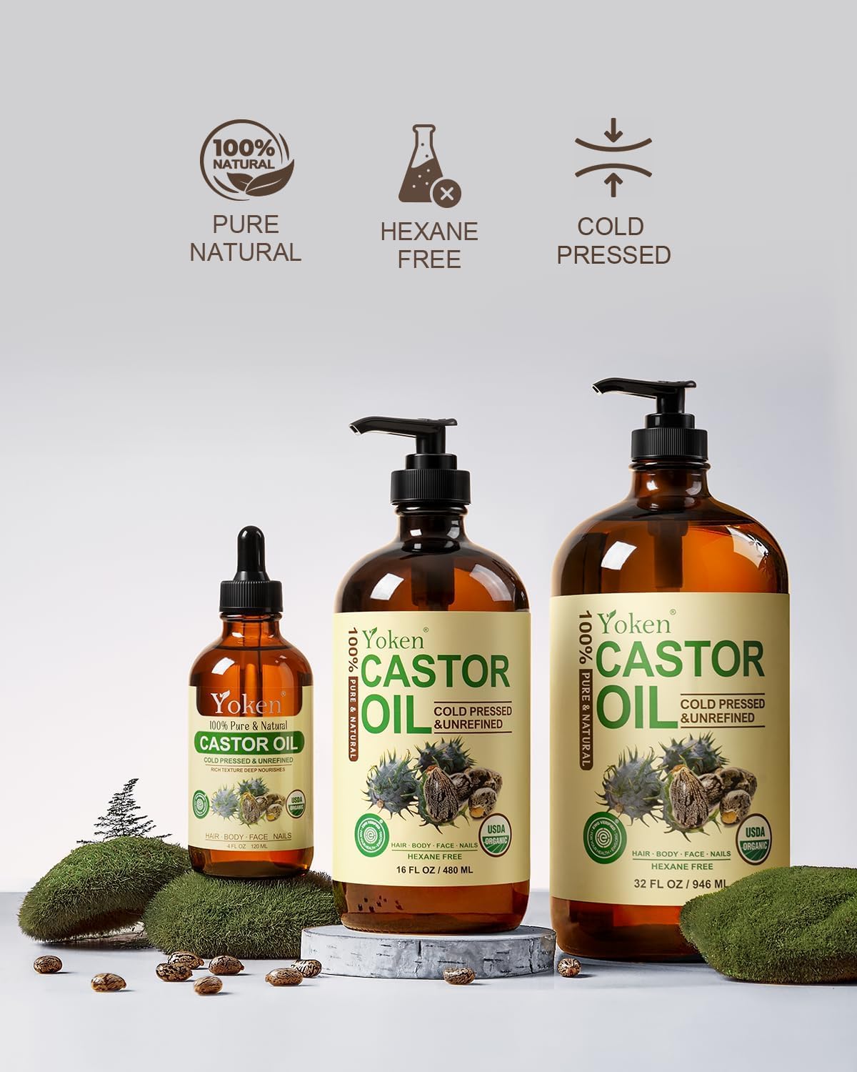 Yoken Organic Castor Oil, Cold Pressed Pure Unrefined Oil