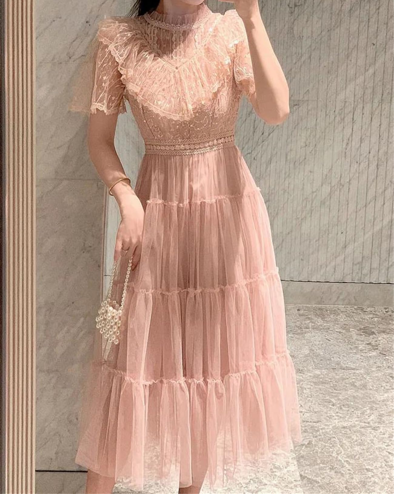 Yeuyyben Vestito da donna elegante con paillettes francese O collo manica corta vita pizzo Mesh abiti per donna