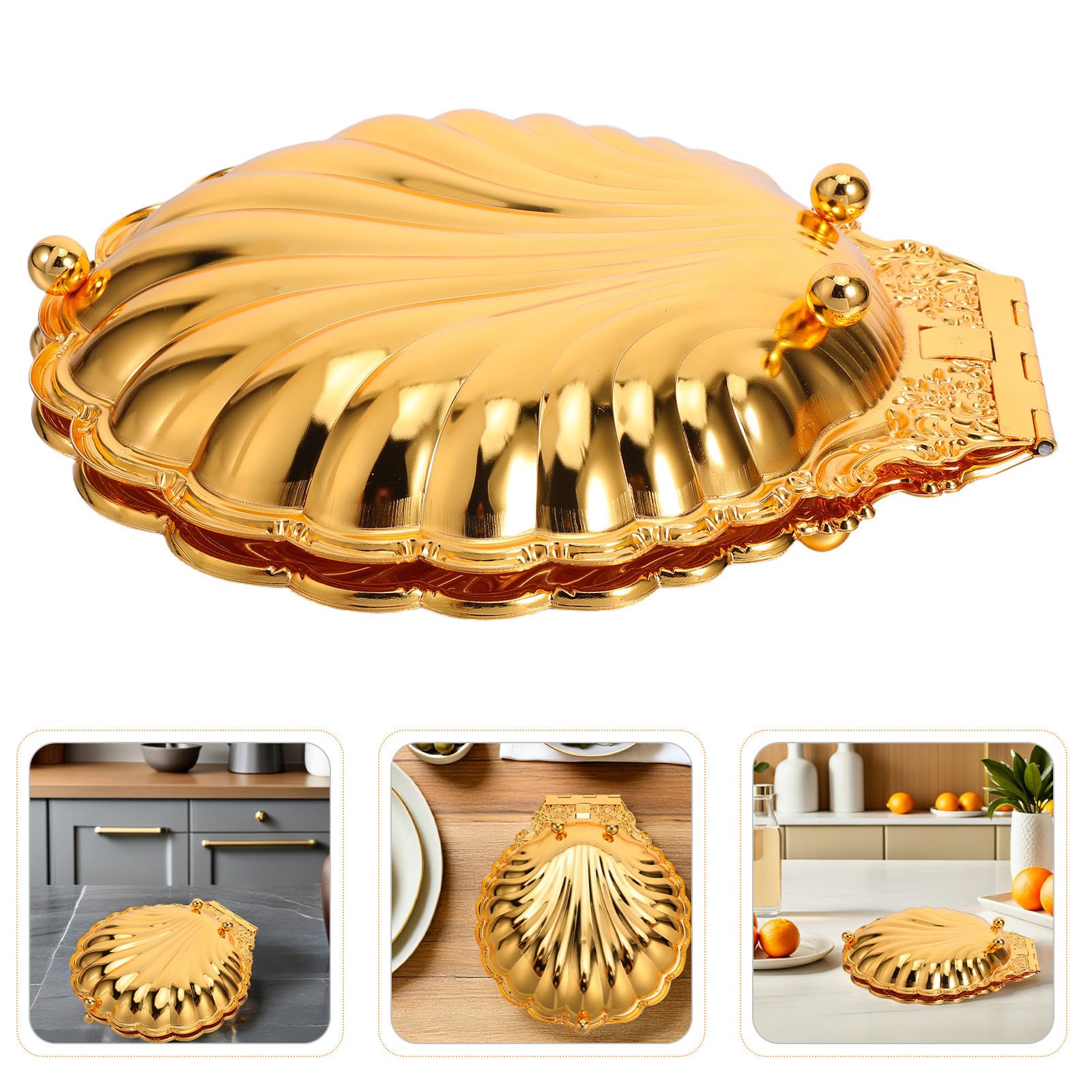 Bandeja de Concha de Metal Dorado de Aleación de Zinc, 35x31x9, 5 Cm | Diseño Abierto y Reutilizable, Estilo Vintage Clásico Artístico Ornamental Elegante, para Mesa de Frutas