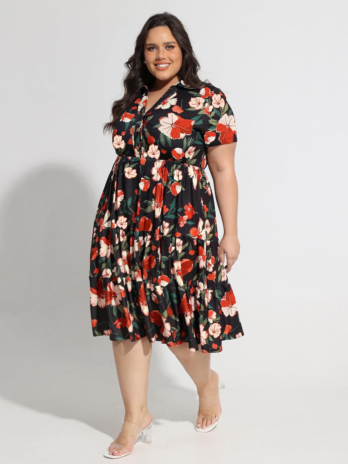 CARCOS Plus Size Dresses for Curvy Women Collared Vneck Short Sleeve Dresses Midi Summer Ruffle Dress with Pocket XL-5XL - Image 3
