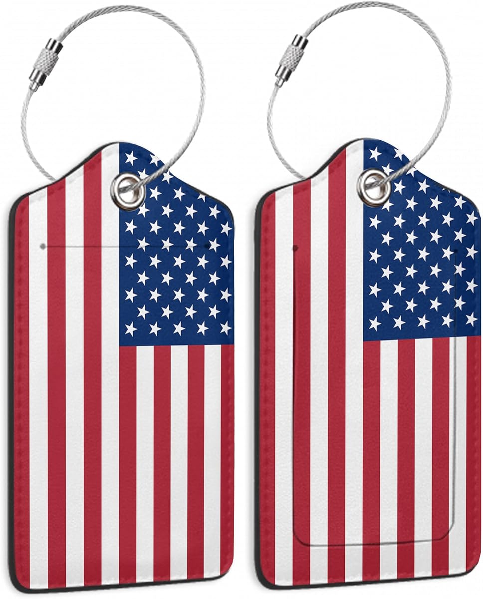 American Flag Luggage Tag, Luggage Tags of Set 2 Leather Identifiers Privacy Cover with Stainless Steel Loop for Women Men Travel Bag Suitcase