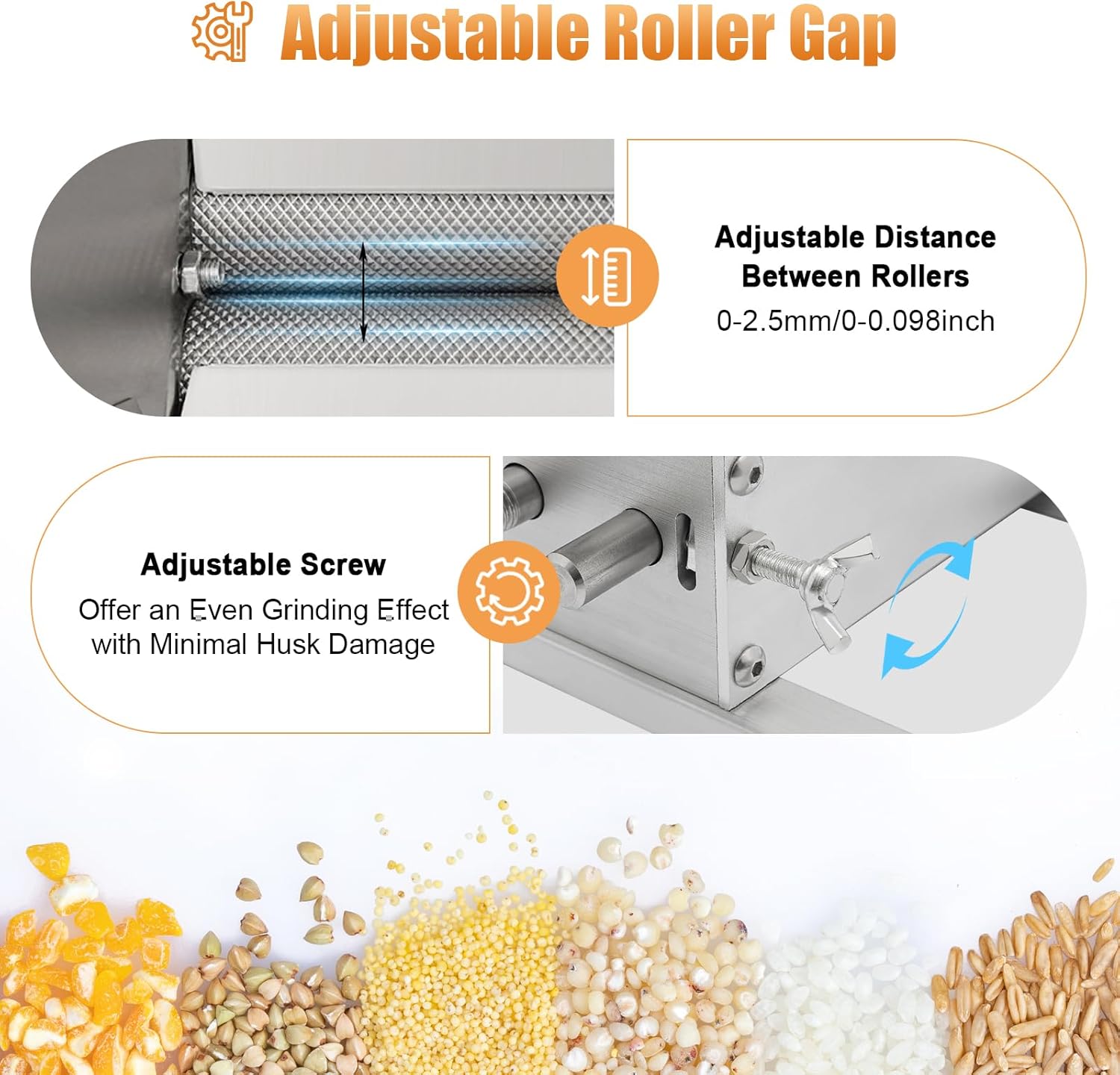 Grain Mill Brewing for Grain Barley Wheat, 2-Roller Grain Mill Grinder Malt Crusher Homebrew Grain Crusher Grinder with 4L Hopper and Metal Base(Electric Drill NOT Included)