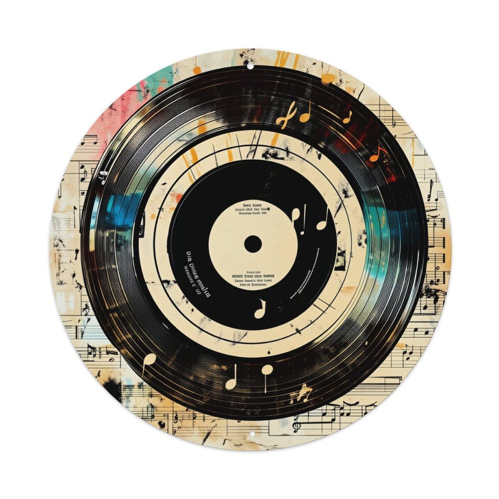 Music Notes Vinyl Record Art Round Tin Sign Vintage Metal Poster, Home Bar Garage Man Cave Cafe Indoor & Outdoor Wall Decoration 8x8Inches