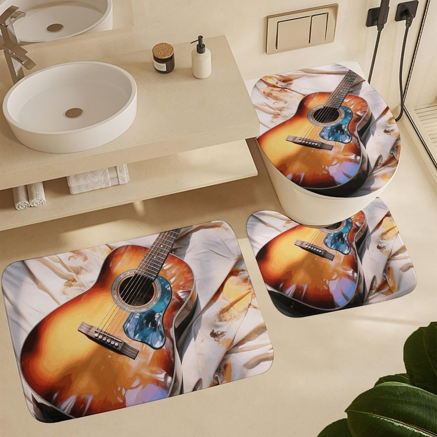 Watercolor Acoustic Guitar Shower Curtain Set 4 Piece, Non-Slip Bath Mat with Toilet Lid Cover and Waterproof Shower Curtain with 12 Hooks, Complete Bathroom Set for Home Decor