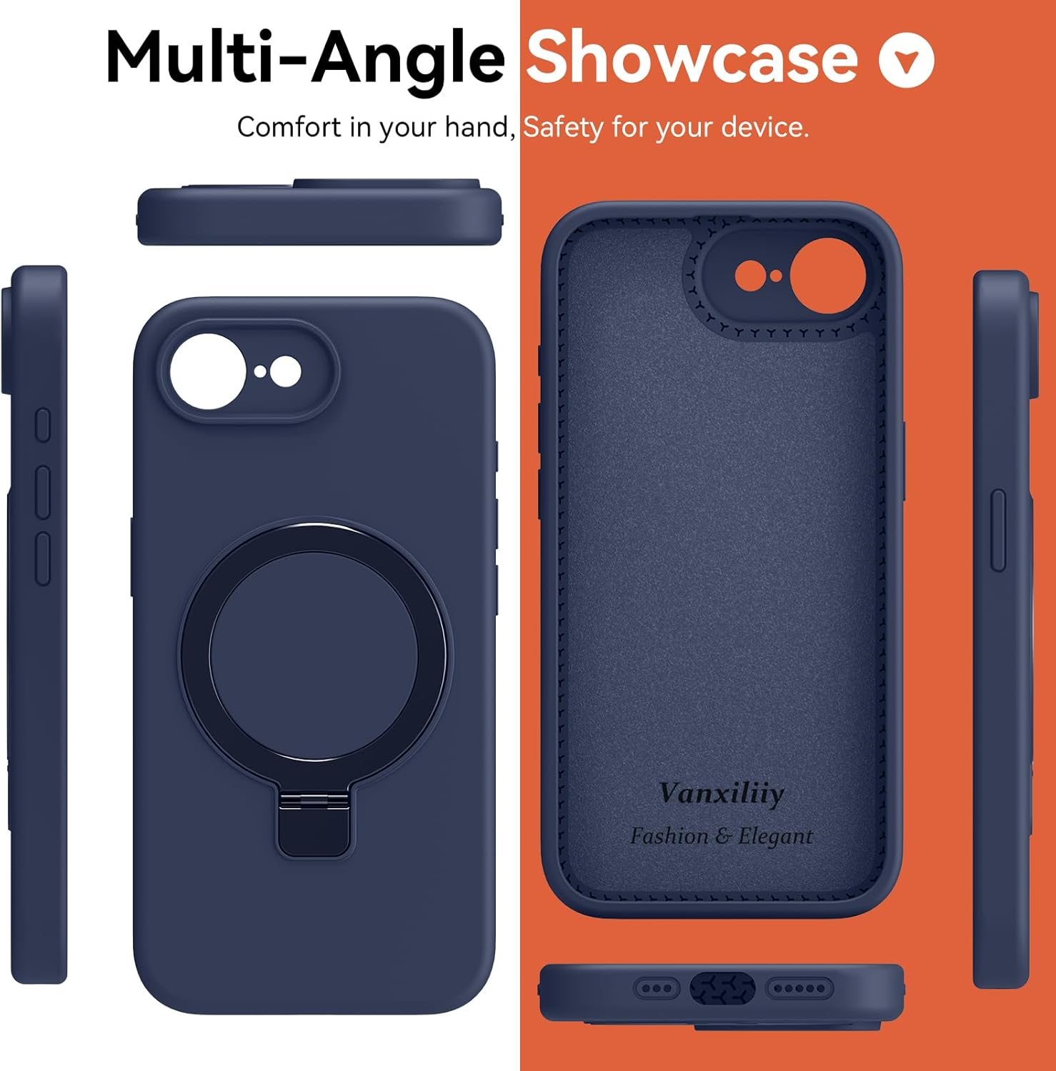 Compatible with iPhone 16e Case Stand, Slim Soft Liquid Silicone Phone Cases Fit for iPhone 16e Compatible with MagSafe Magnetic Ring Kickstand Stand Case Full Camera Protection, Dark Blue - Image 9