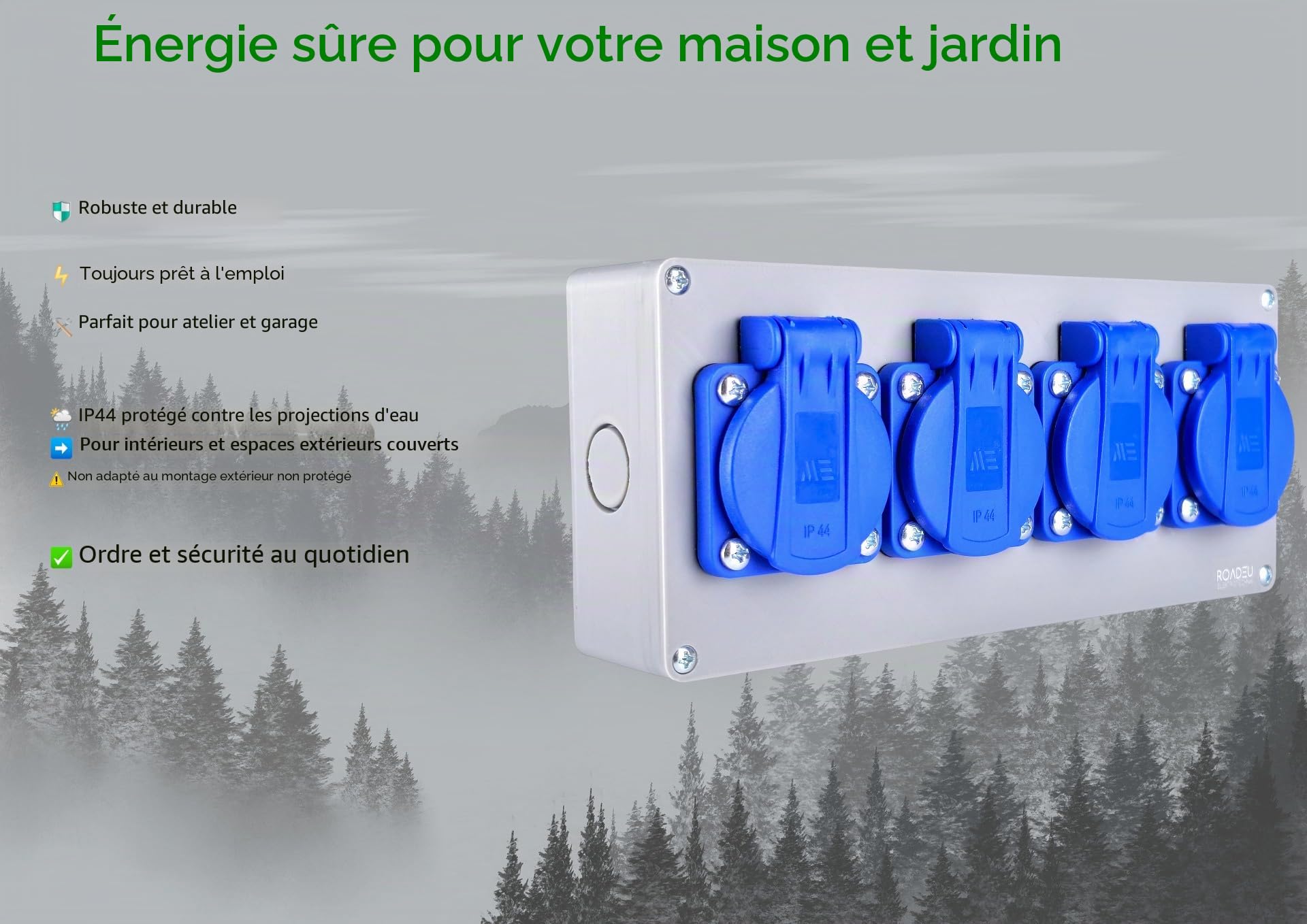 RoadEu Bloc Multiprise IP44 Saillie | 4 Prises Françaises 2P+T 230V/16A | Boîtier de Distribution Pré-câblé avec Presse-étoupe PG13,5 | Répartiteur de Chantier pour Garage, Atelier & Extérieur Couvert