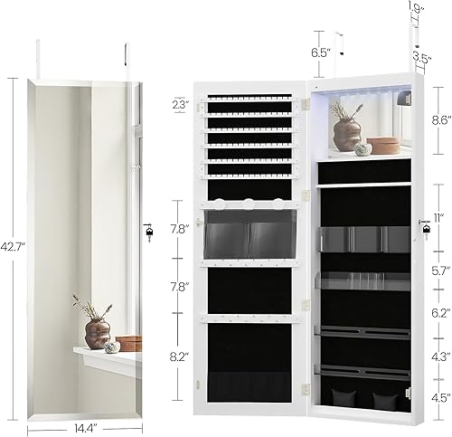 Miniatura 7 de Hzuaneri Armario de joyería de 8 LED, 42.7 pulgadas de alto, sin marco, organizador de joyas de espejo sin marco, con cerradura, montaje en