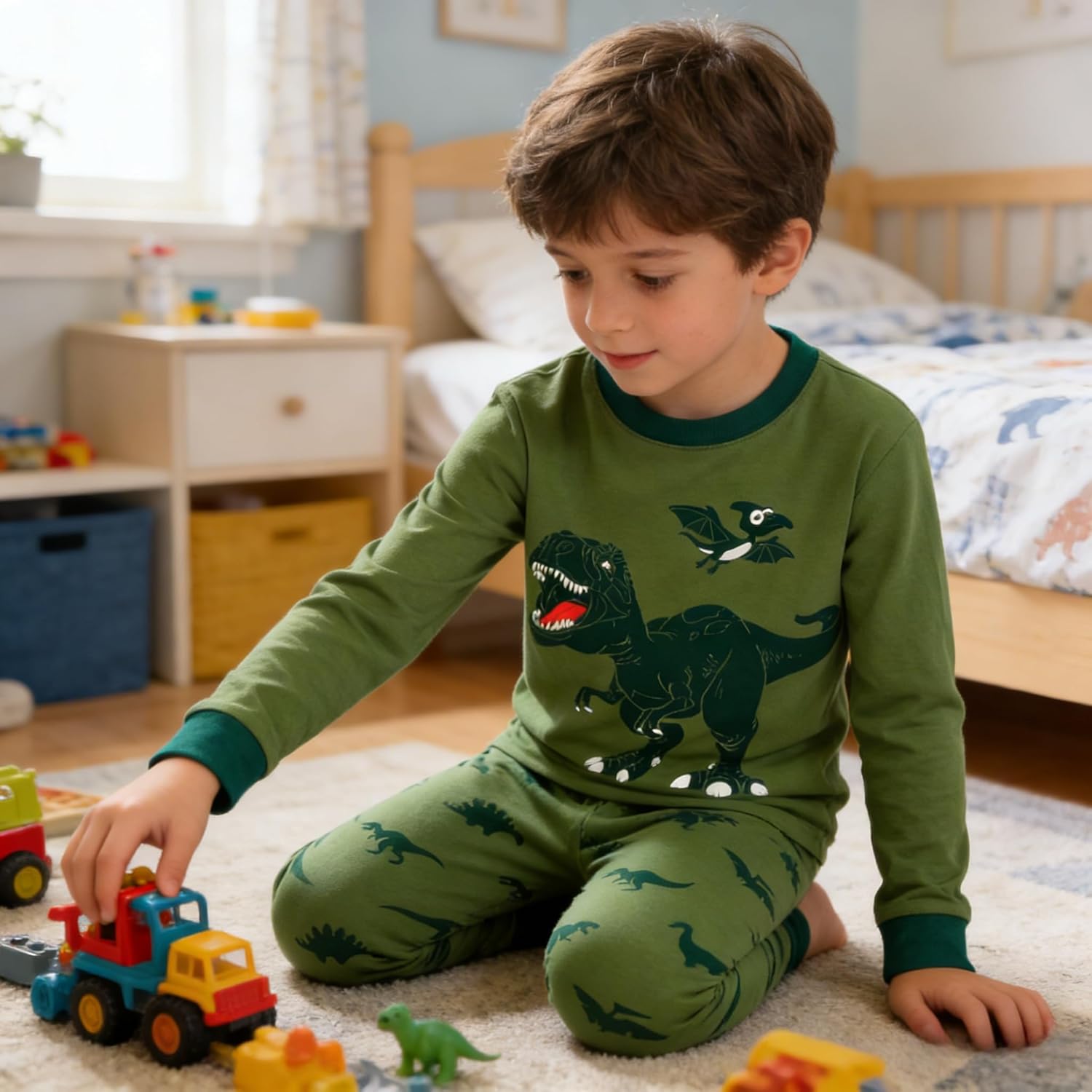 Little Boy Space Pajama Set 100% Cotton Dinosaur Sleepwear Long Sleeve Pjs 3-7T - Image 3