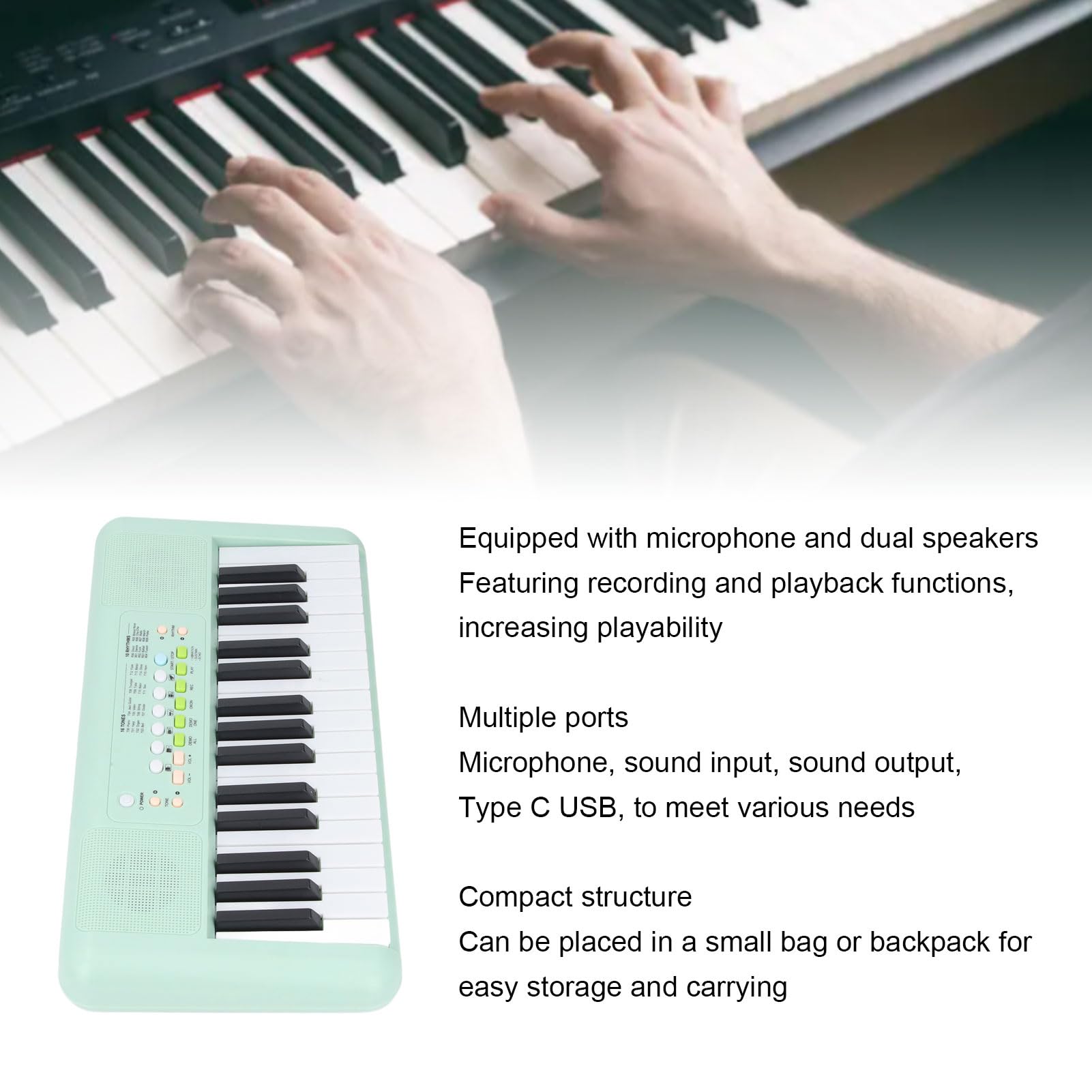 Teclado Eléctrico Portátil, 44 X 22 X 6 Cm Teclado Eléctrico de 32 Teclas de Piano Portátil para Principiantes (Verde Aguacate)