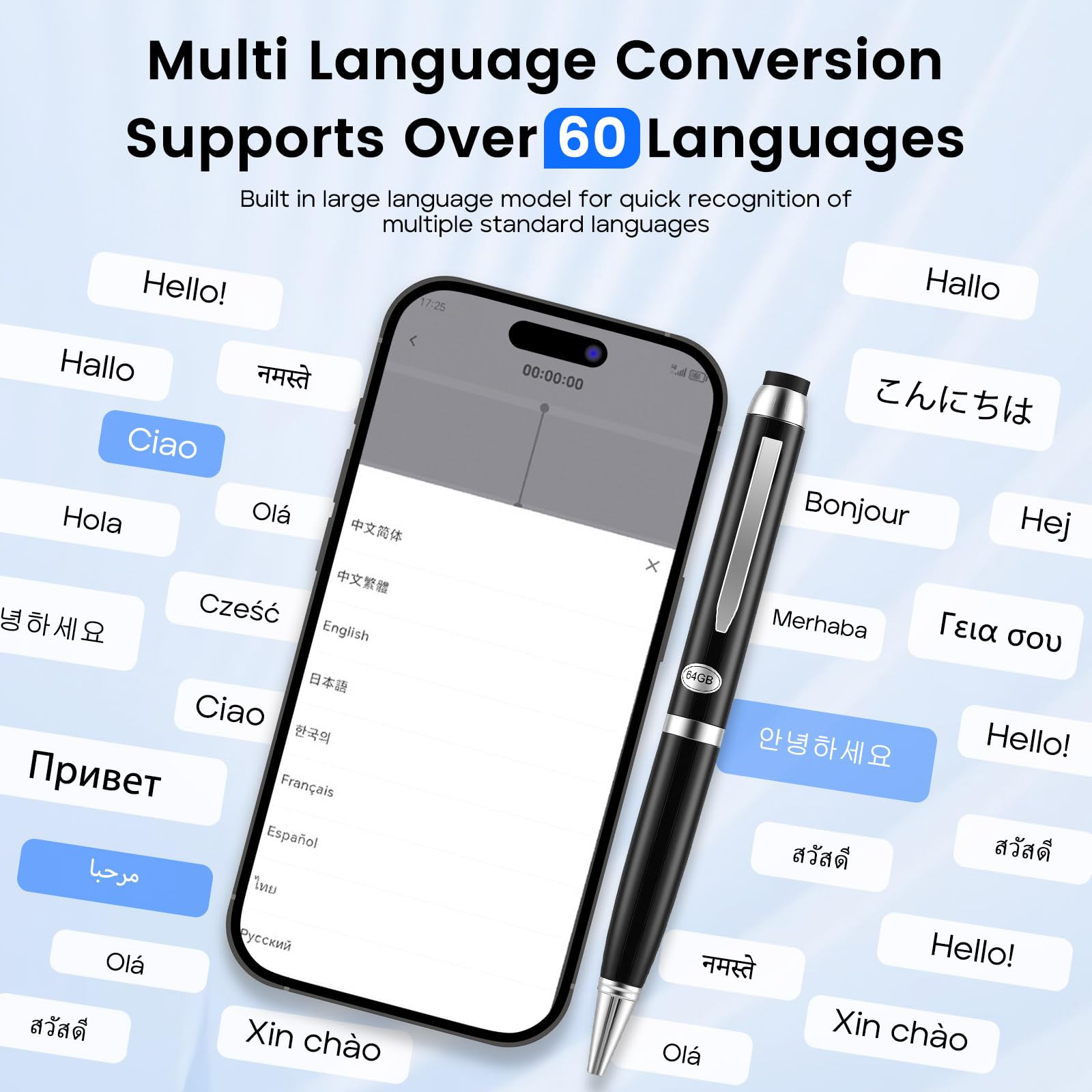 Stylo Enregistreur Vocal IA avec Transcription et Traduction en Temps Réel, Micro 360°, 64 Go + Cloud, 10h Autonomie