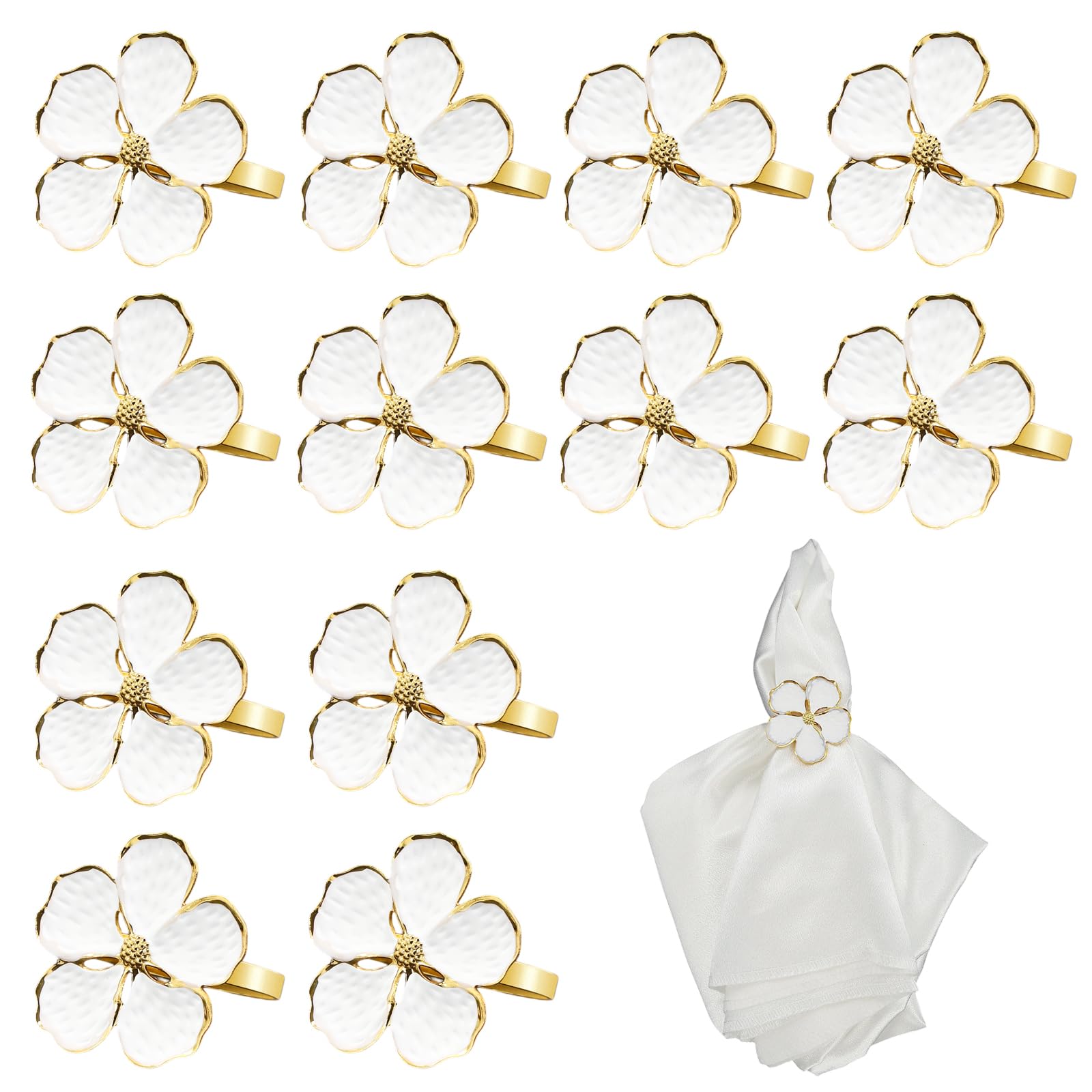 Napkin Rings Set of 12 Shiny White Flower Napkin Rings Elegant Holiday Gold Floral Napkins Ring for Family Dinners Weddings Parties Table Decorations and Daily Use