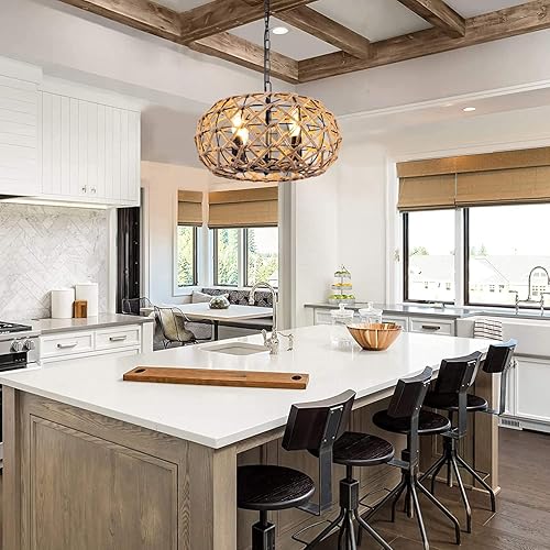 Miniatura 5 de Lámpara colgante de ratán, lámpara de araña bohemia tejida rústica, estilo vintage, de mimbre, jaula grande, cuerda de cáñamo, 4 luces, accesorios