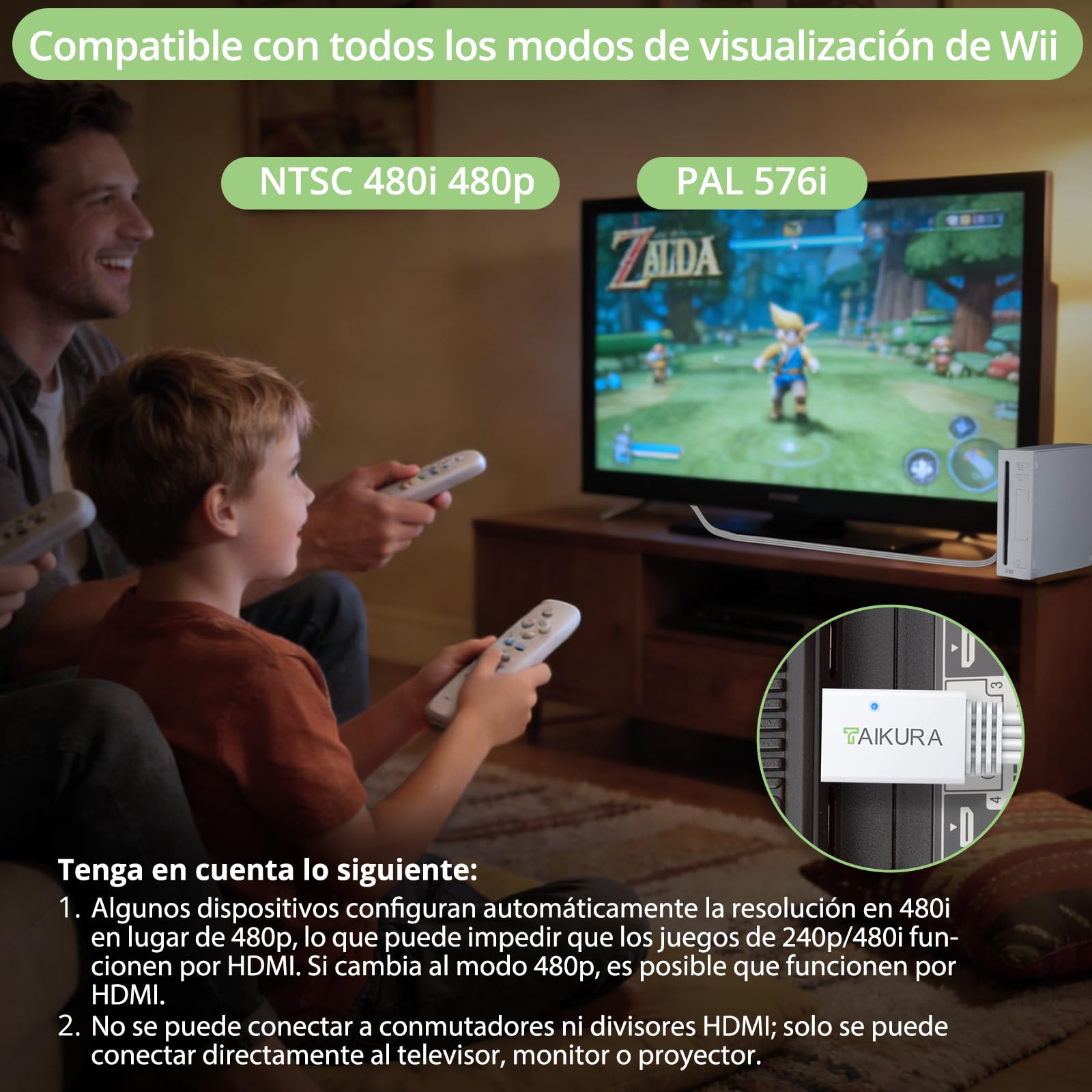Convertidor Wii a HDMI 1,5 Metros, Adaptador de Wii a HDMI 1080P/720P para HDTV, Monitor y Proyector, Compatible con NTSC 480i 480p PAL 576i, Plug and Play