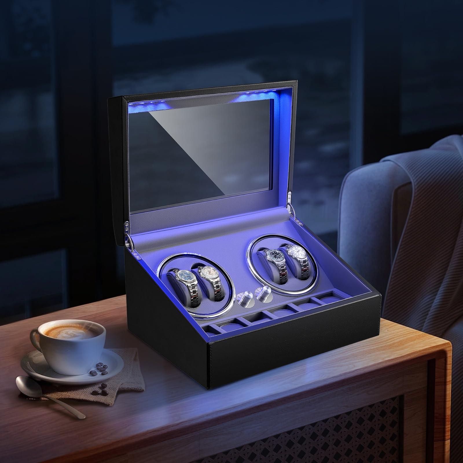 Remontoir de Montre Apparence Noire avec Intérieur en Daim Gris Foncé, Fonctionnement à 4 Vitesses, Lumière Ambiante, Moteur Silencieux <10 dB, Anti-Magnétisation