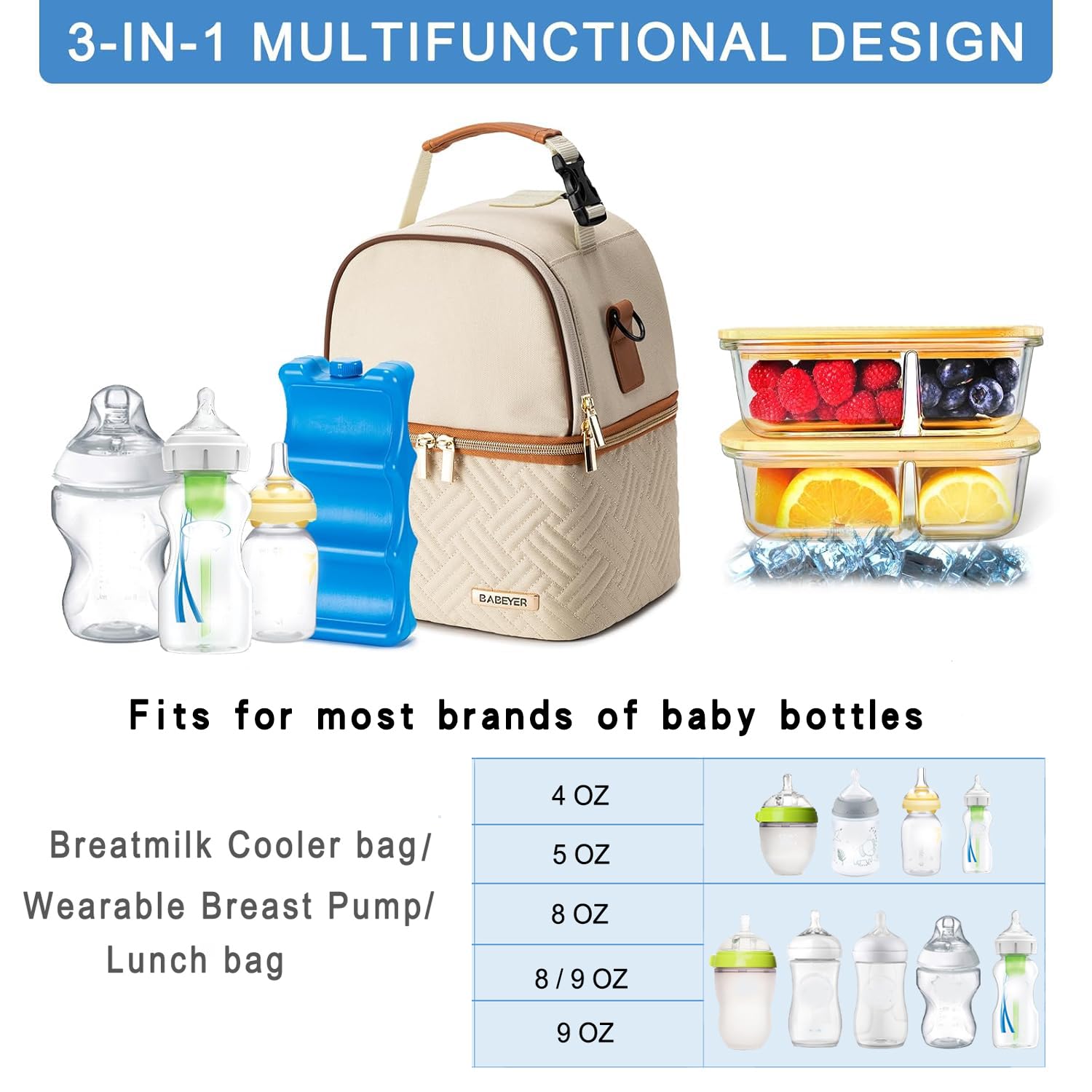 Muttermilch-Isoliertasche mit Eisbeutel, passend für 6 Babyflaschen bis zu 266 ml, Muttermilchpumpe, Kühltasche mit Schultergurt für Stillen, Mutter, Tagespflege, Arbeit, Reisen, cremefarben