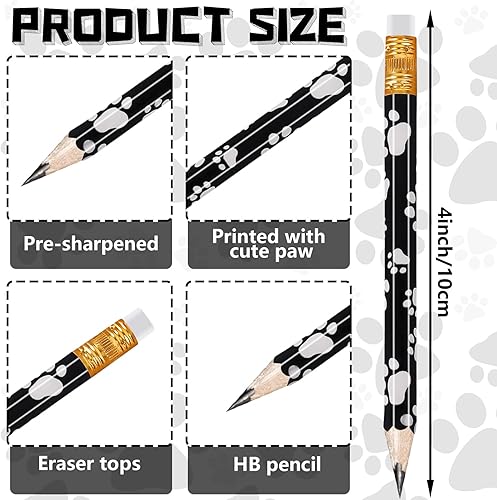 Vista 2 de Whaline 48 lápices cortos de pata de perro con borradores, lápiz de escritura de huellas blancas y negras, bonitos lápices de madera para premio
