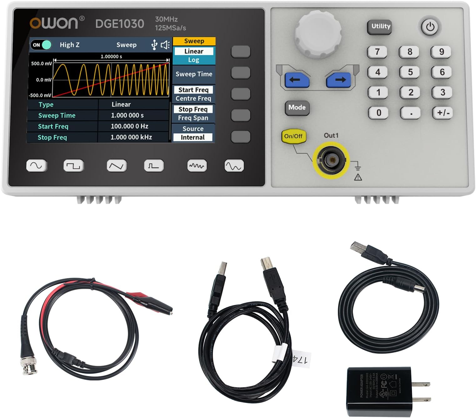 OWON Waveform Generator,30MHz Bandwidth, 125MSa/s Sampling Rate, 14 bits Vertical Resolution, 8K Waveform Length,5 Basic Waveforms, and 160 built-in Arbitrary Waveforms, with 3.6IN LCD Display DGE1030