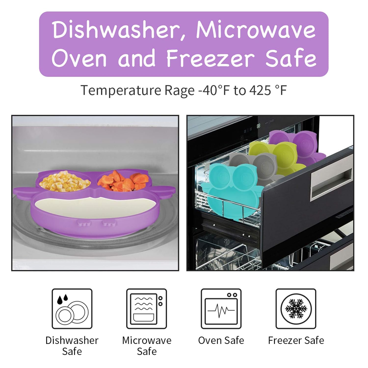 Kirecoo Owl Silicone Suction Plate - Self Feeding Training Storage Divided Plate, Baby Toddler Bowl and Dish, Fits for Most Hairchairs Trays, Microwave Dishwasher Safe (Lavender) : Baby